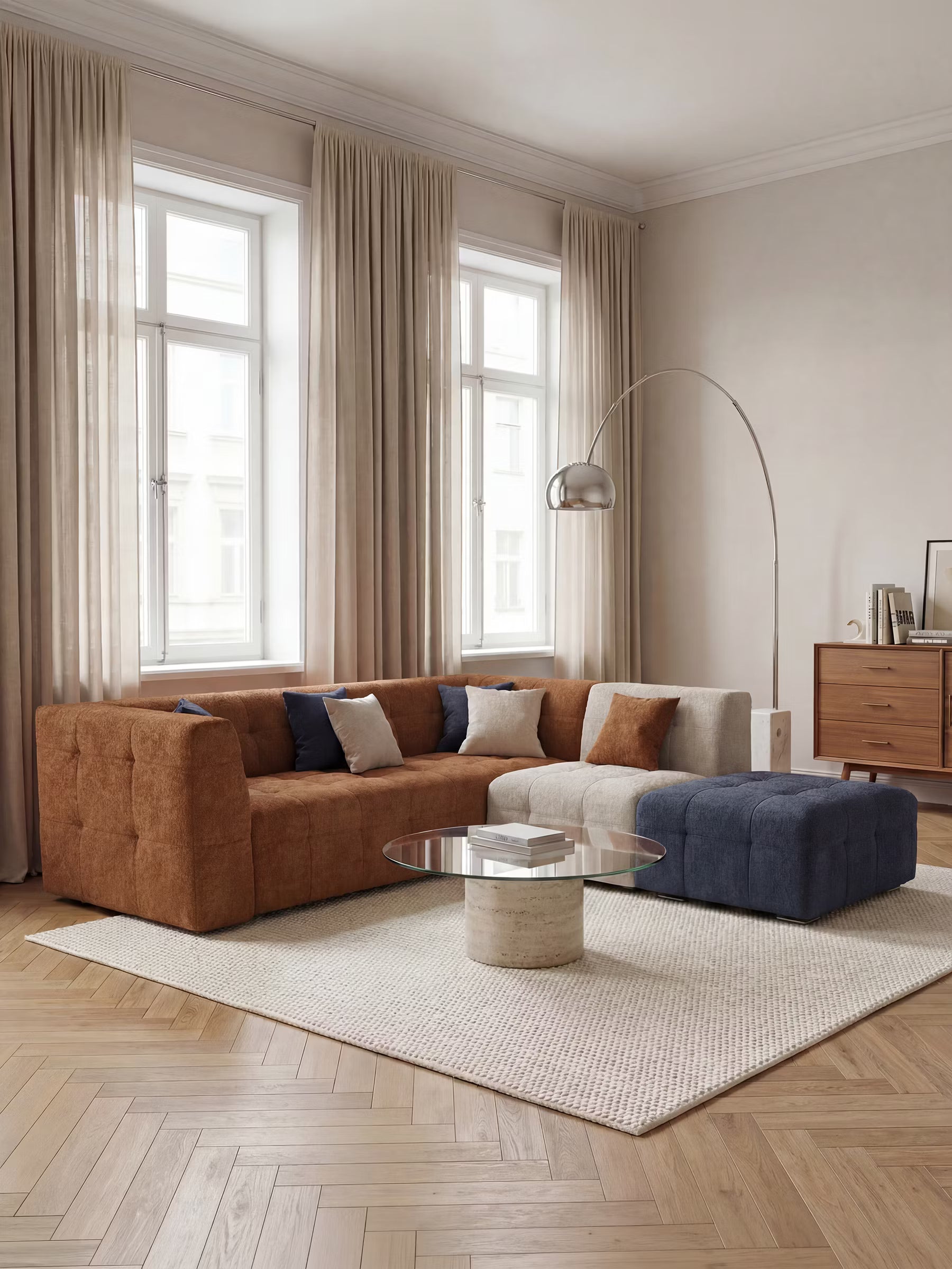 Mosaic puf moderno modular en tela bouclé antimanchas – capitoné y modular