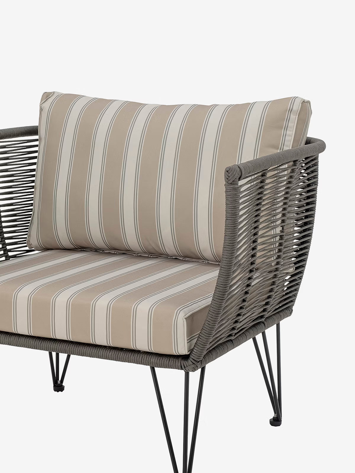 Mundo Outdoor armchair in black metal and green woven rope - striped fabric Mediterranean style
