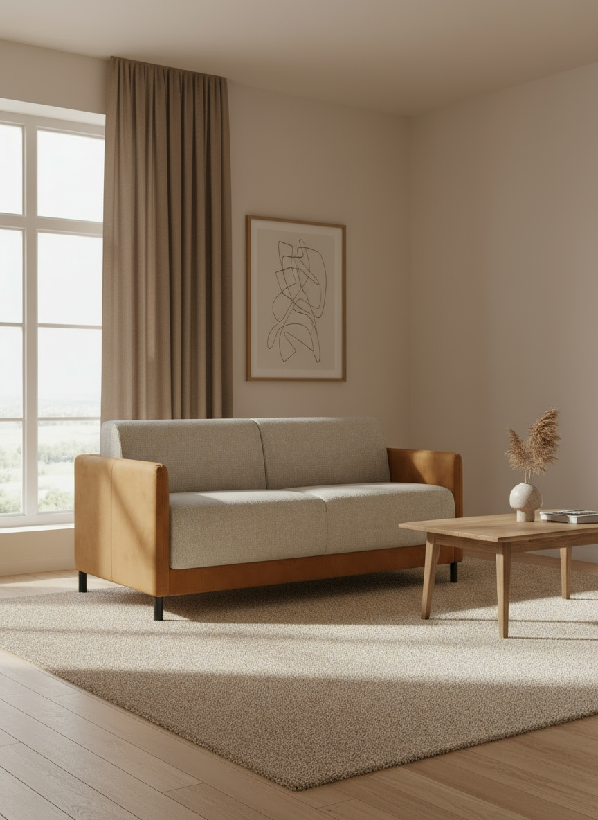 Narciso Schlafsofa 2 und 3 Plätze mit 18 cm hohem Matratze - zweifarbig Leder - Sahne in Mikrofaser und wasserabweisendem Chenille