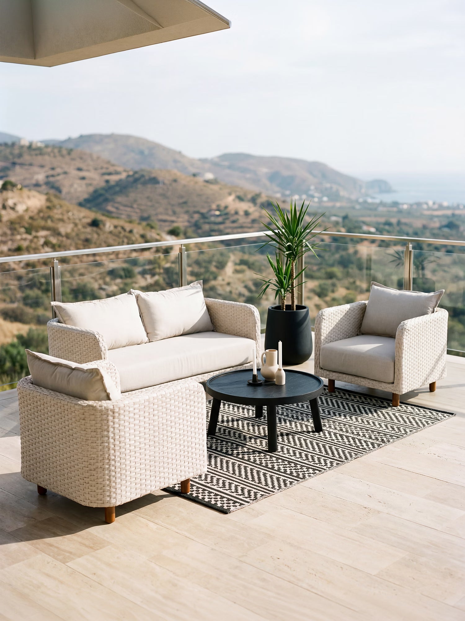 Solea Outdoor-Lounge-Set mit 2-Sitzer-Sofa und 2 Sesseln aus Seil in Off-White - Sand