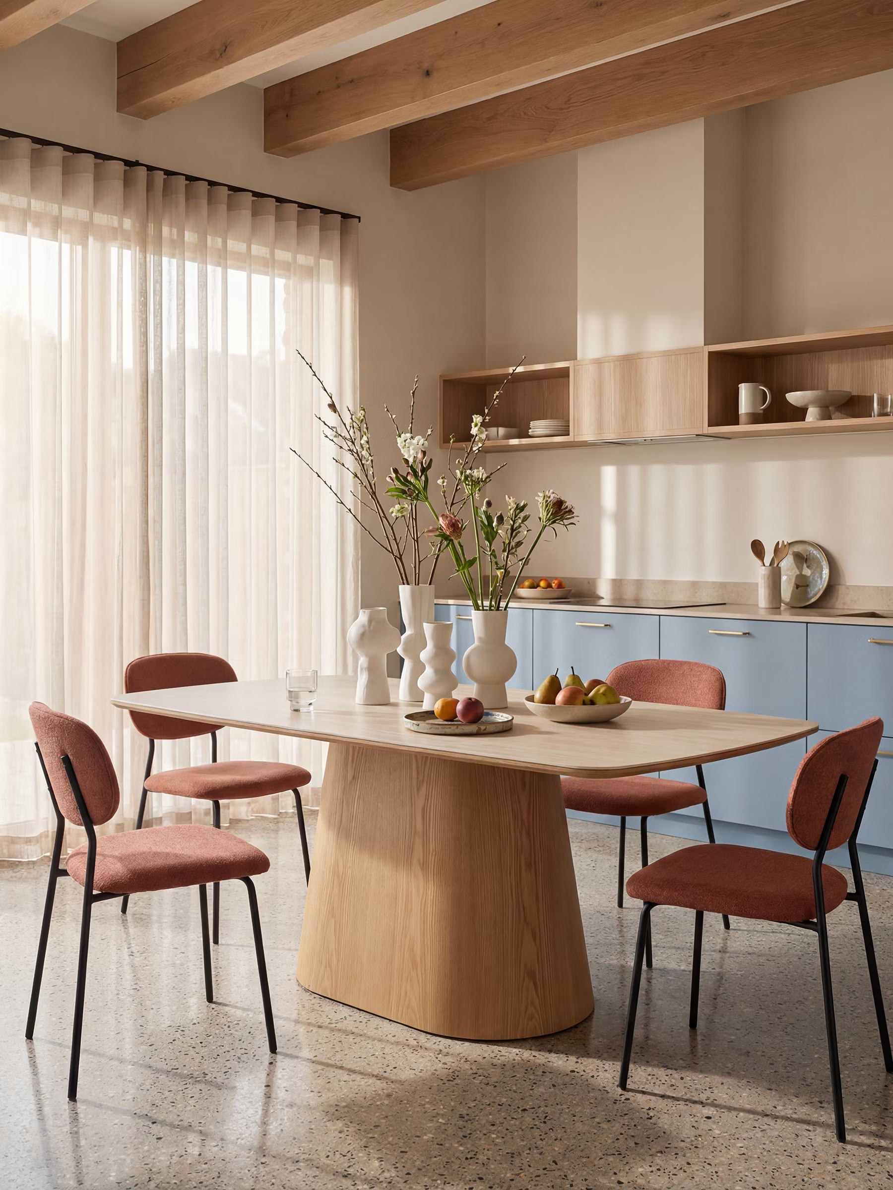 Noli Table à manger rectangulaire certifiée FSC® en céramique effet travertin et frêne naturel 200x90 cm