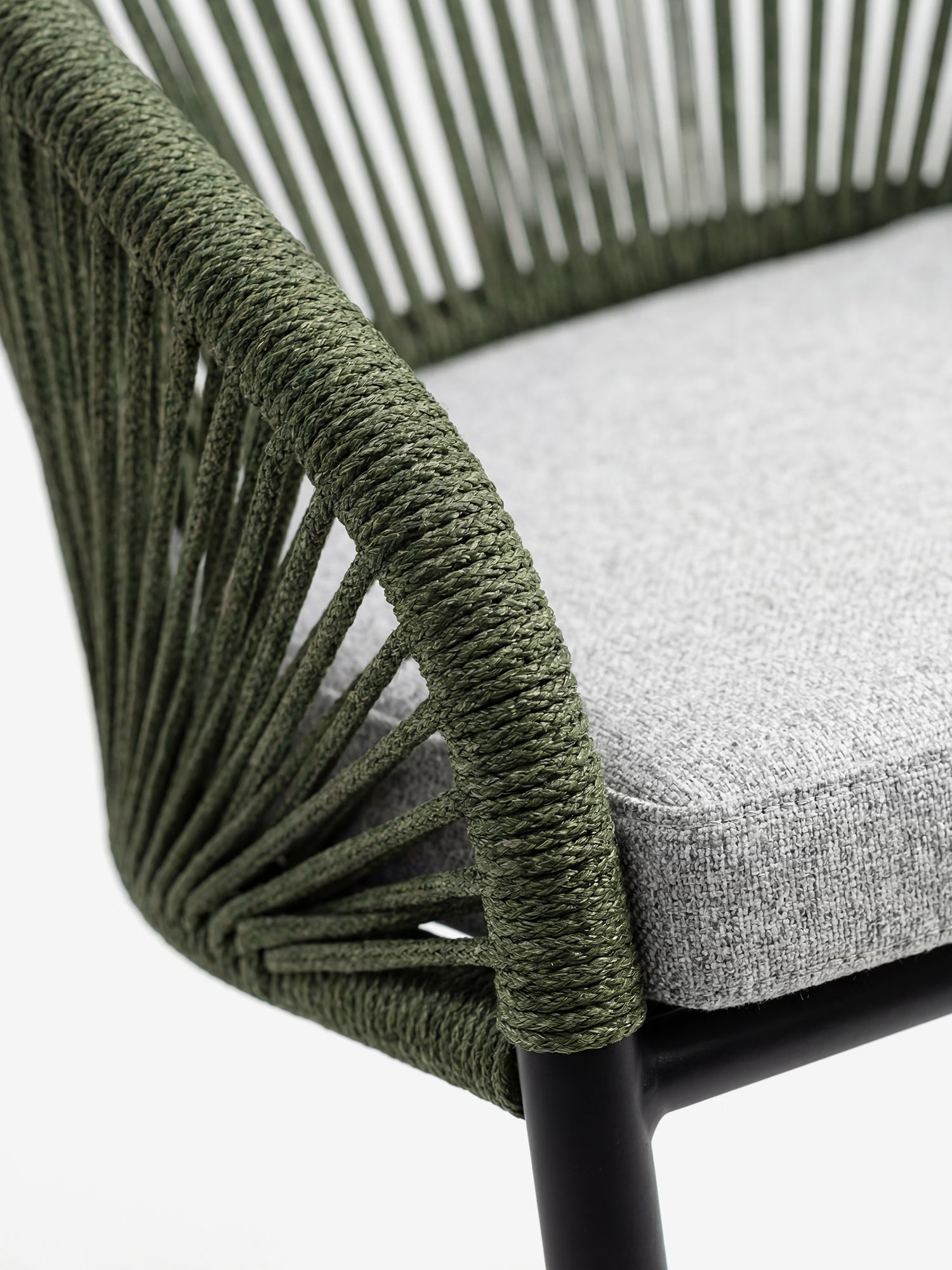 Novella outdoor chair in green aluminum with padded gray cushion