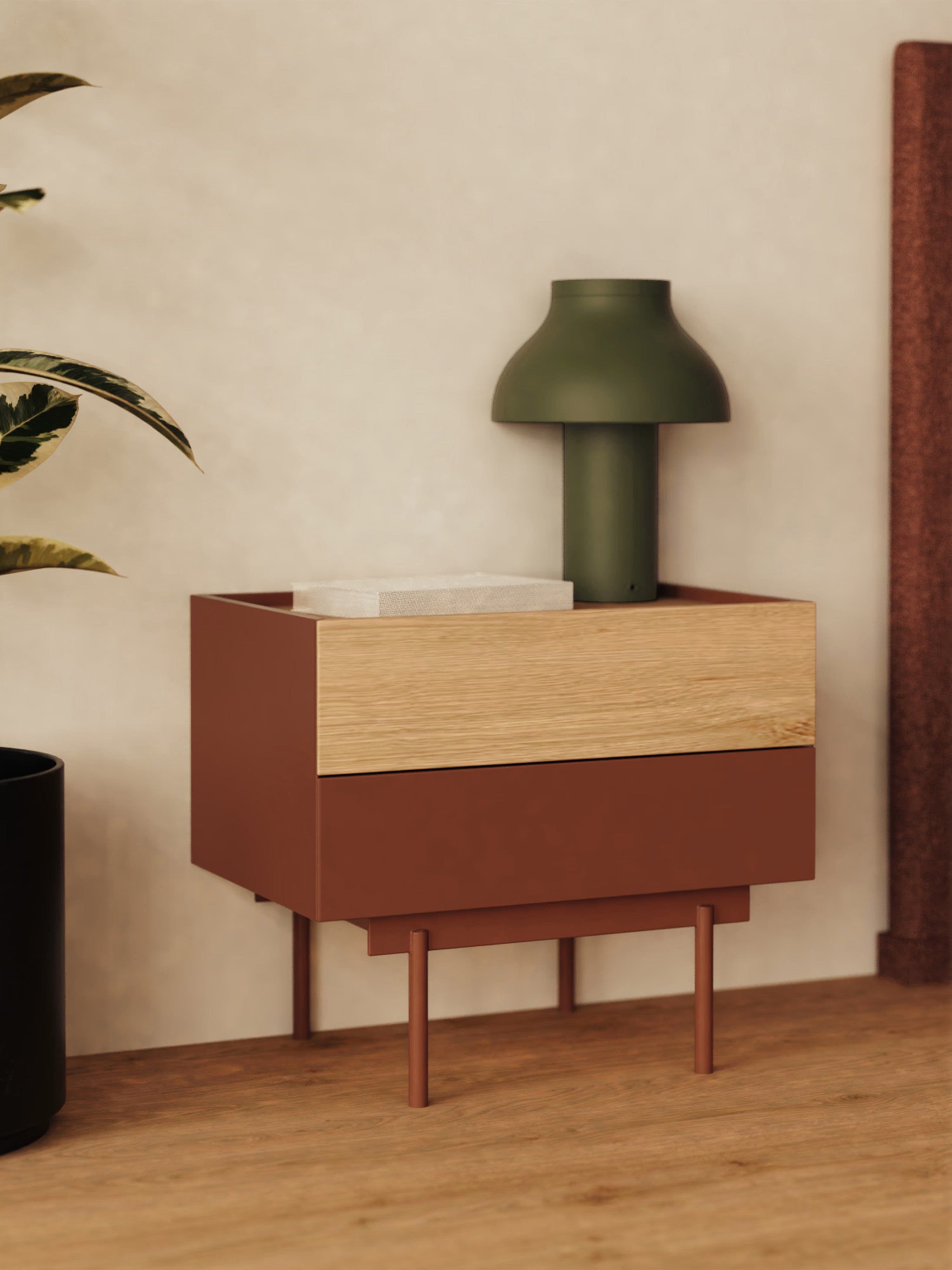 Otto comodino in rovere e terracotta – design moderno 50 x 47 cm
