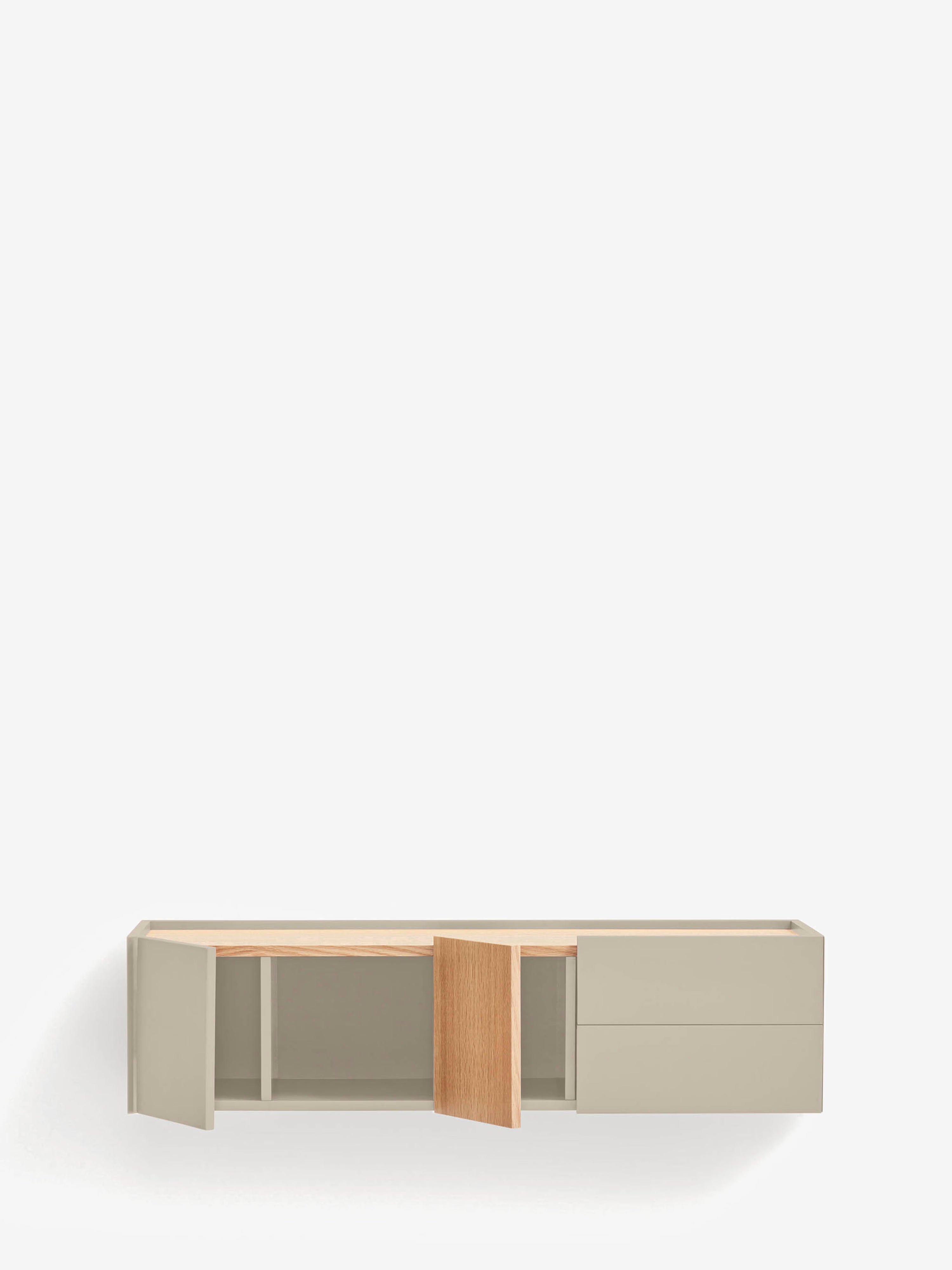 Otto consola suspendida en roble natural y mdf lacado beige arena 110 x 29 cm