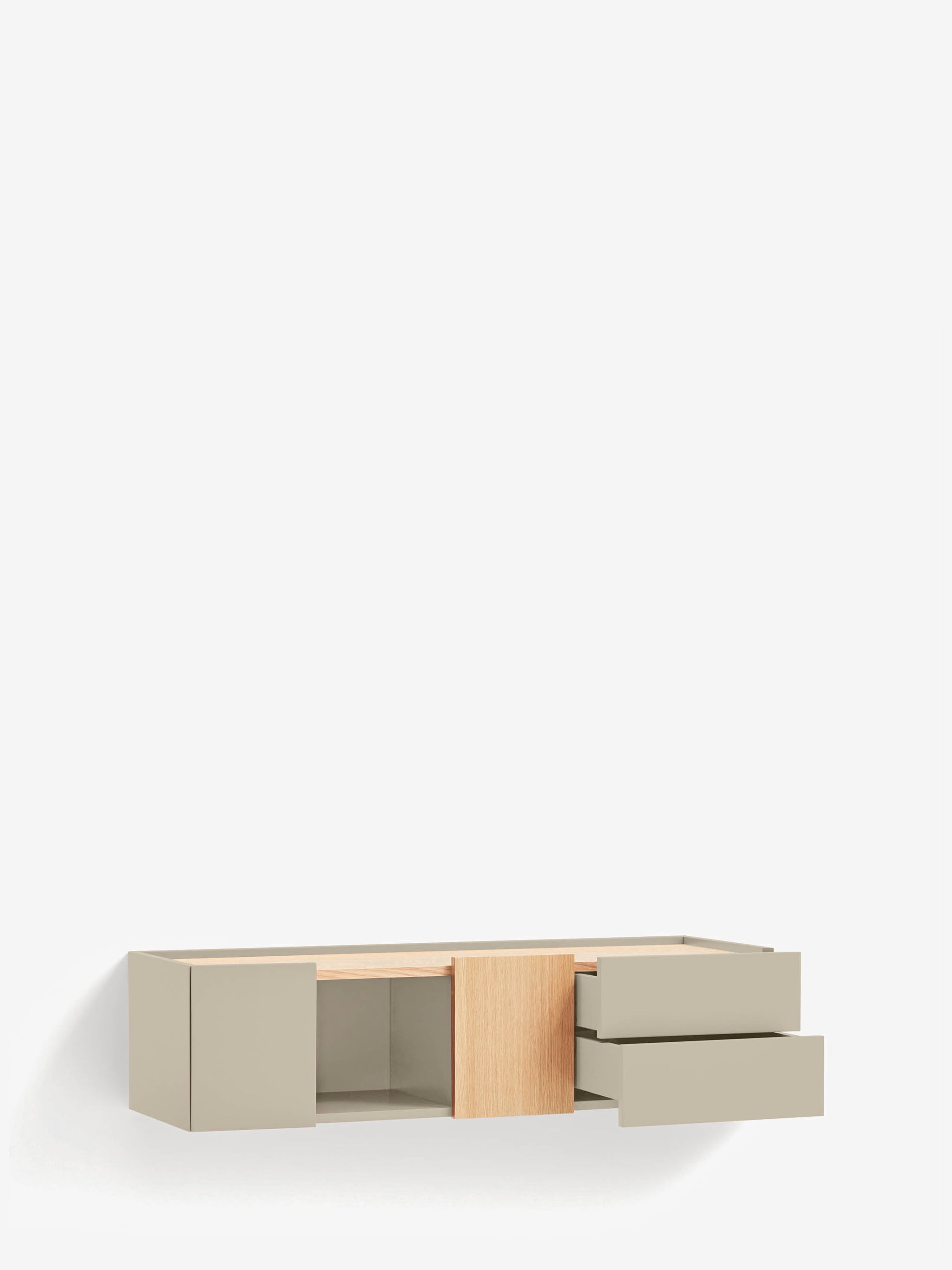 Otto consola suspendida en roble natural y mdf lacado beige arena 110 x 29 cm