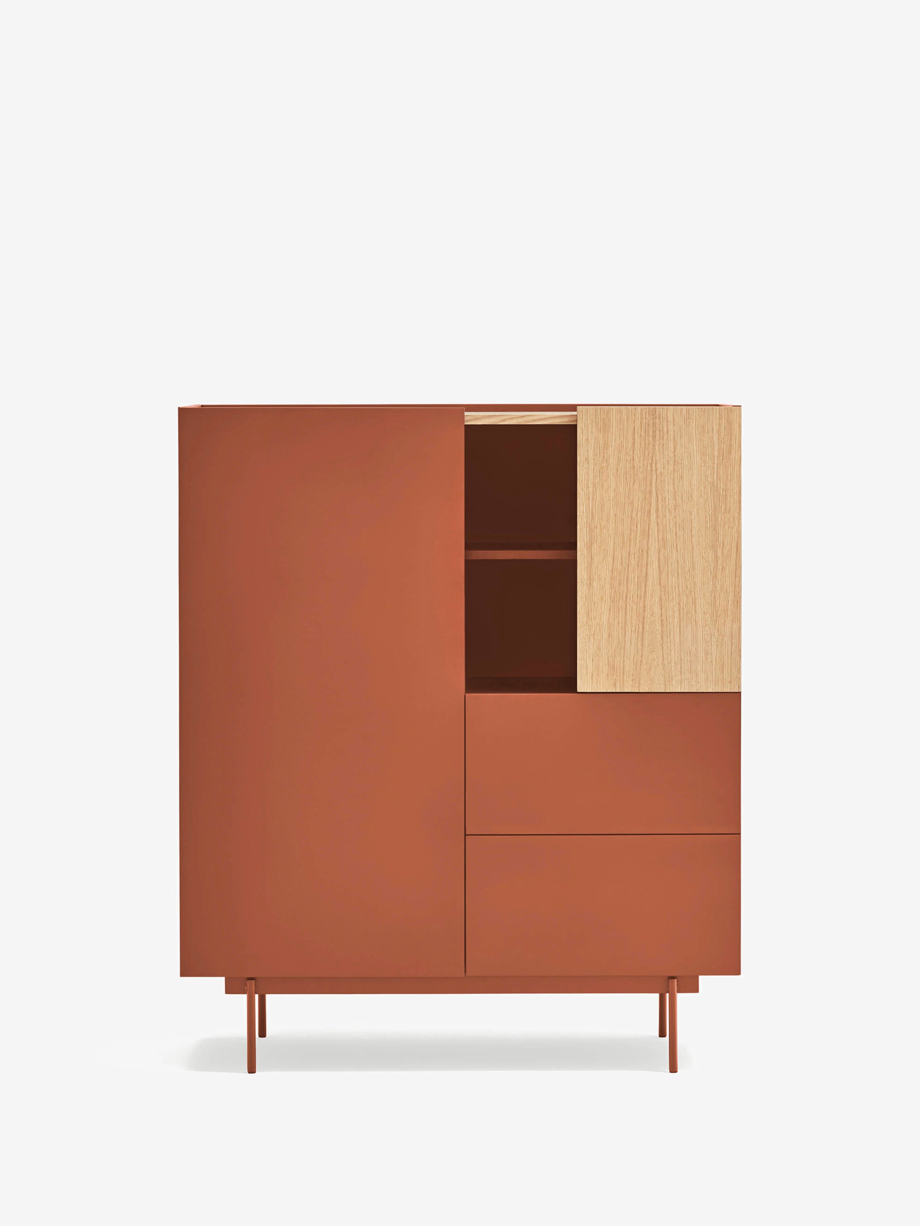 Otto aparador alto en roble y MDF terracota - Aparador moderno 100 x 120 cm