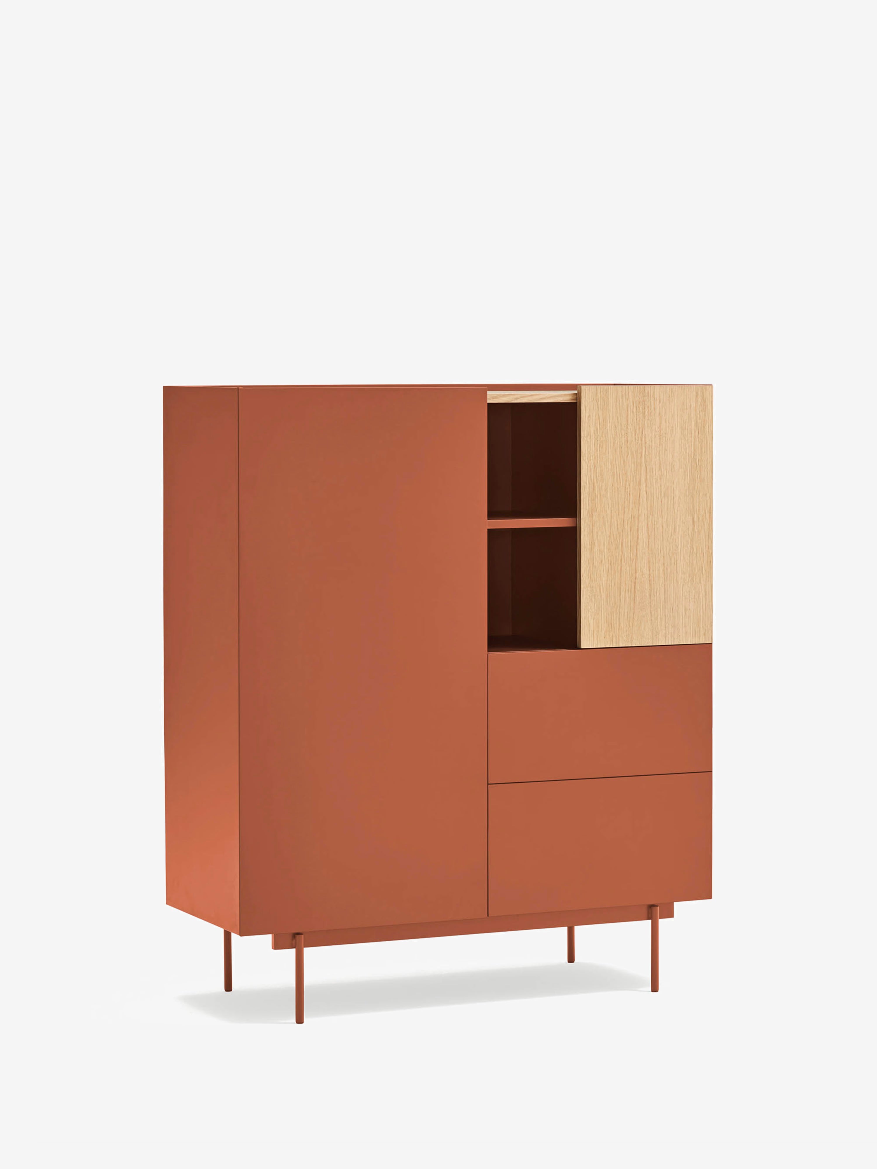 Otto aparador alto en roble y MDF terracota - Aparador moderno 100 x 120 cm