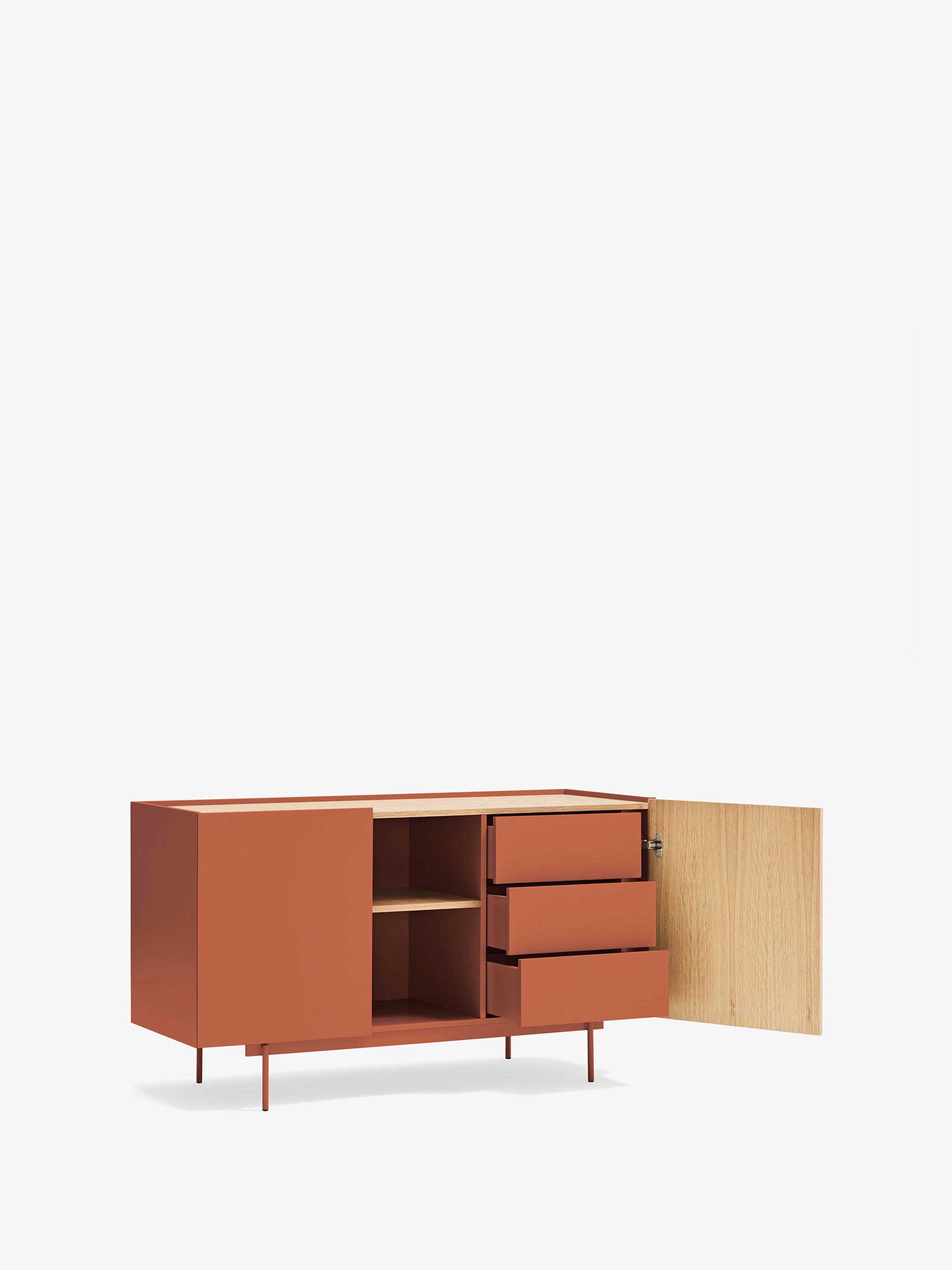 Otto aparador de 2 puertas en roble natural y terracota – aparador moderno 135 x 78 cm