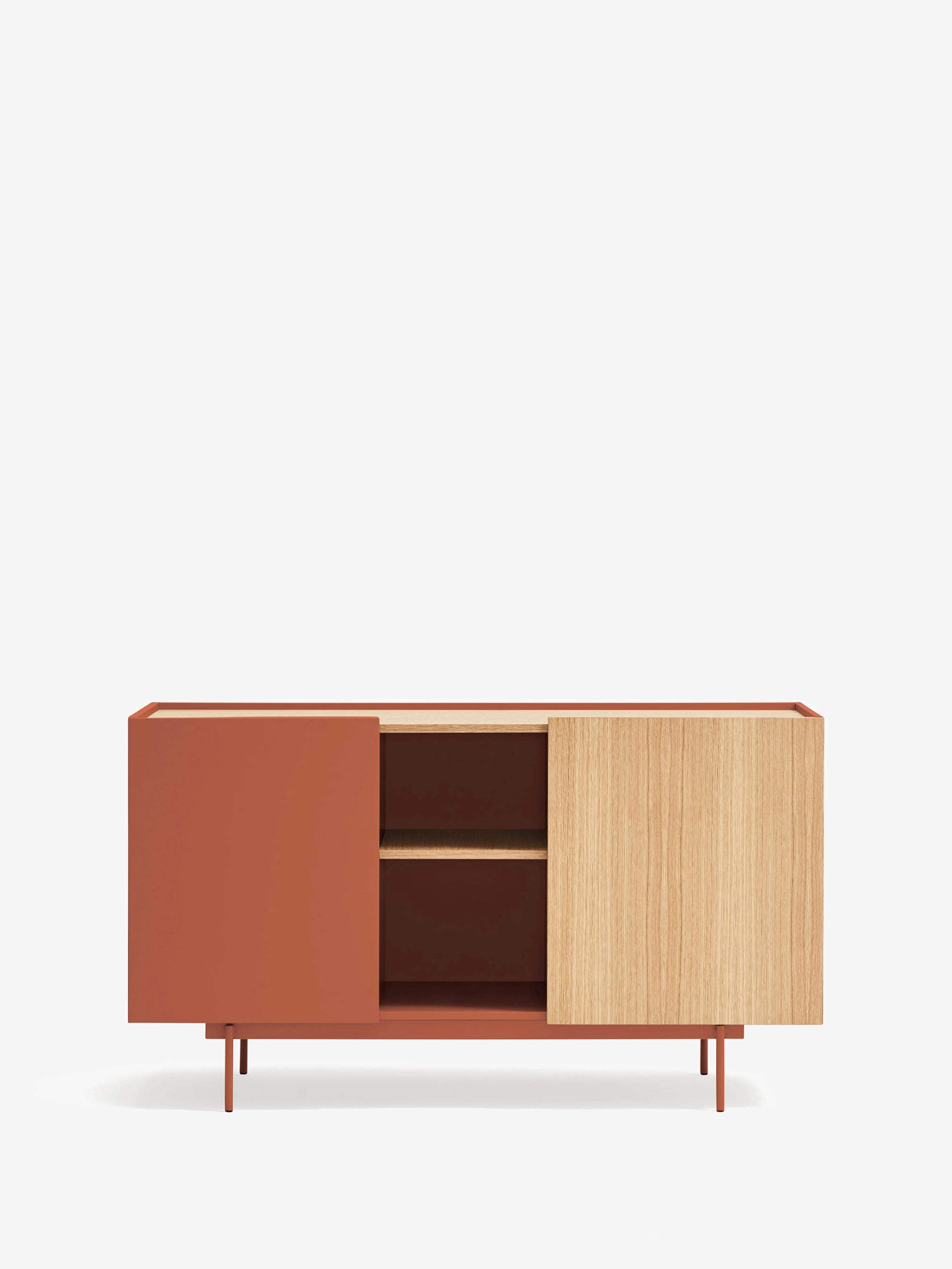 Otto aparador de 2 puertas en roble natural y terracota – aparador moderno 135 x 78 cm