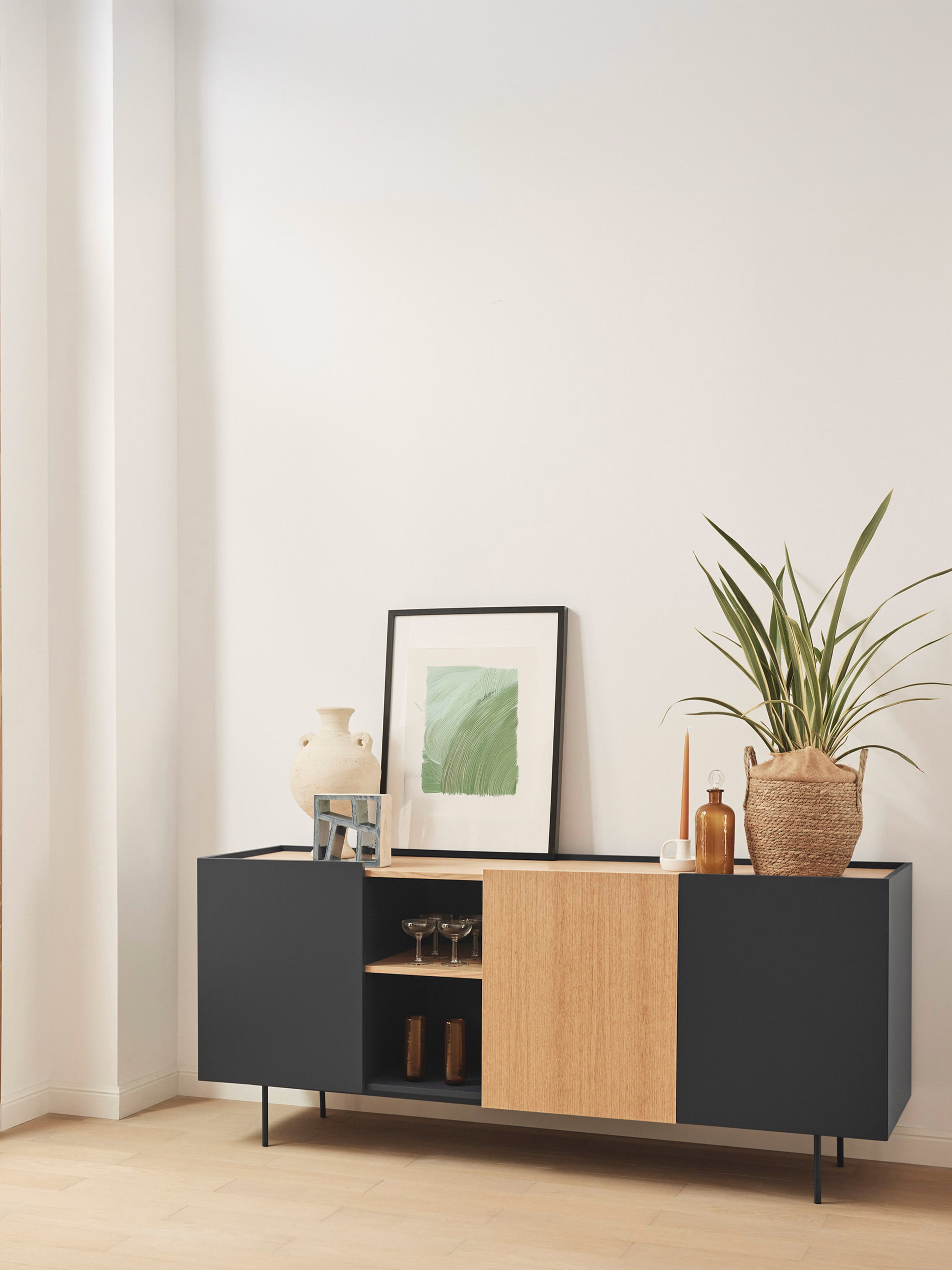 Otto aparador en roble natural y gris antracita – aparador moderno de 3 puertas 180 x 78 cm