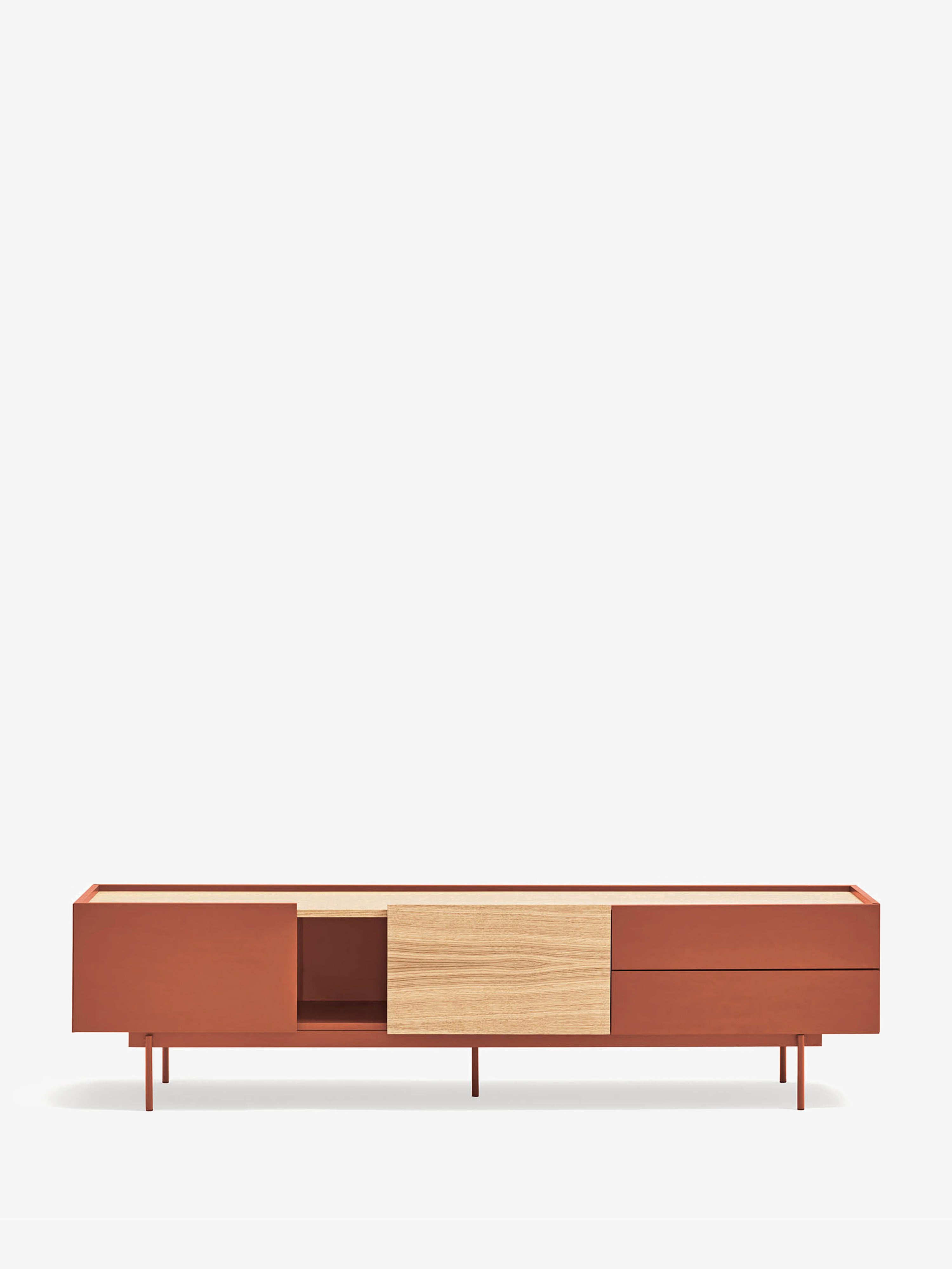 Otto mueble TV con 2 puertas y 2 cajones en roble y metal terracota 180 x 45 cm