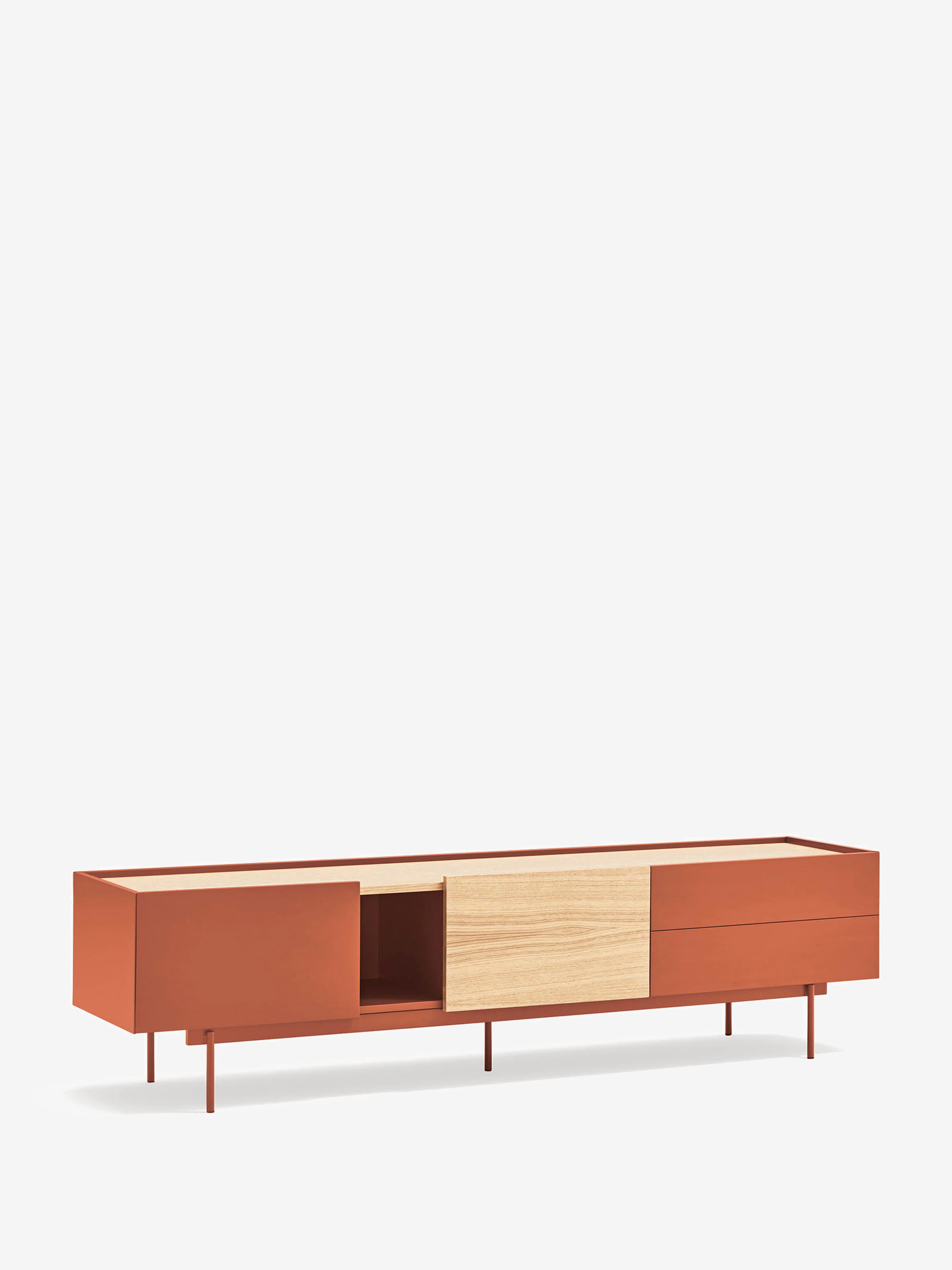 Otto mueble TV con 2 puertas y 2 cajones en roble y metal terracota 180 x 45 cm