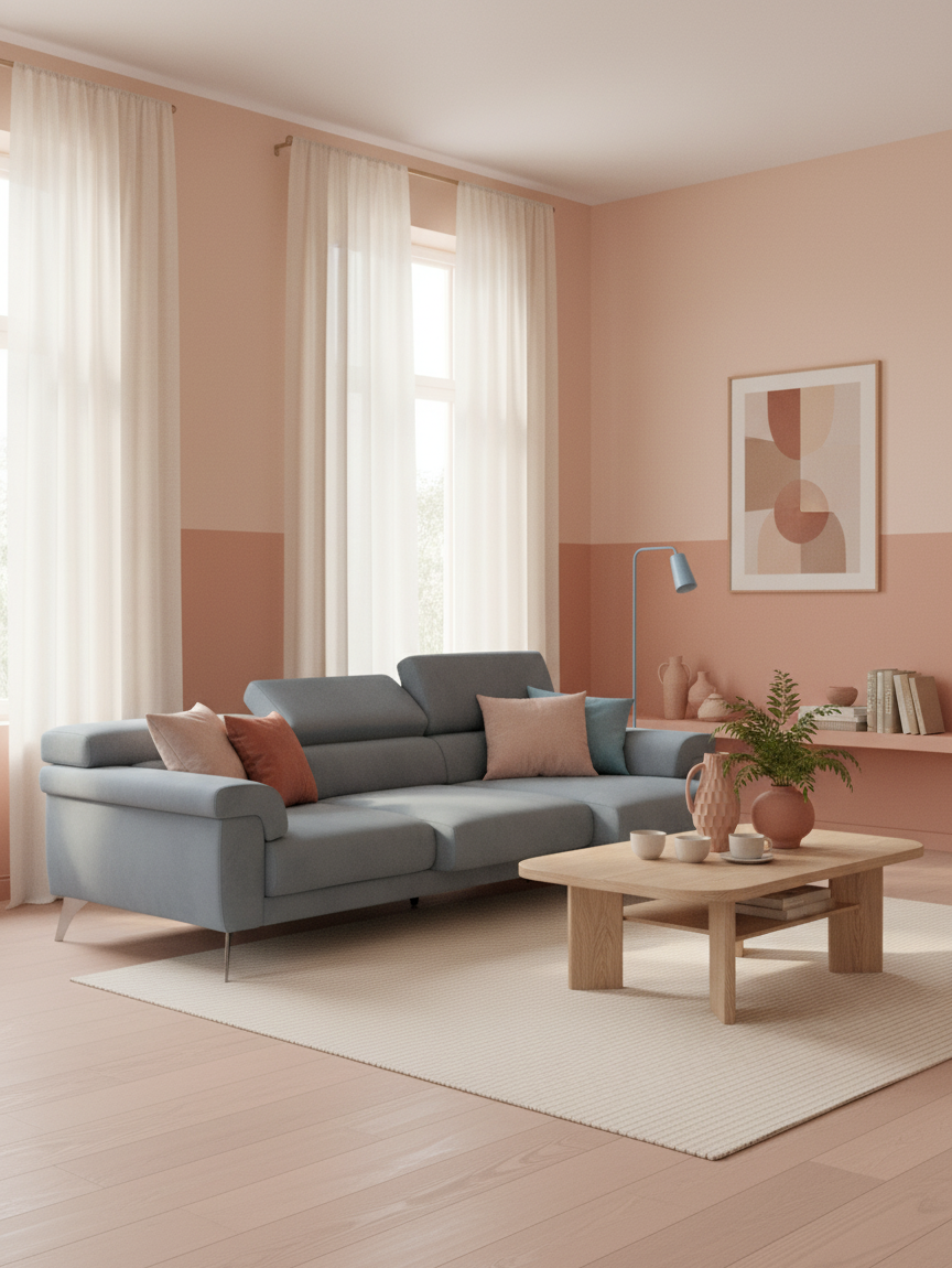 Raffaello Sofa 4 Plätze in Zuckerkartonblau - 3 verschiebbare Sitzflächen und verstellbare Kopfstützen aus abwaschbarer Mikrofaser