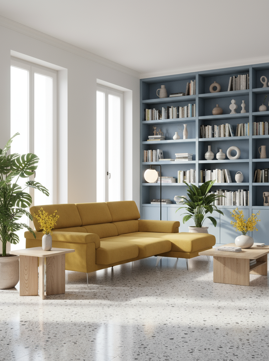 Raffaello Ecksofa mit gelber Ottomane, verschiebbare Sitzflächen und verstellbare Kopfstützen aus abwaschbarem Mikrofaser