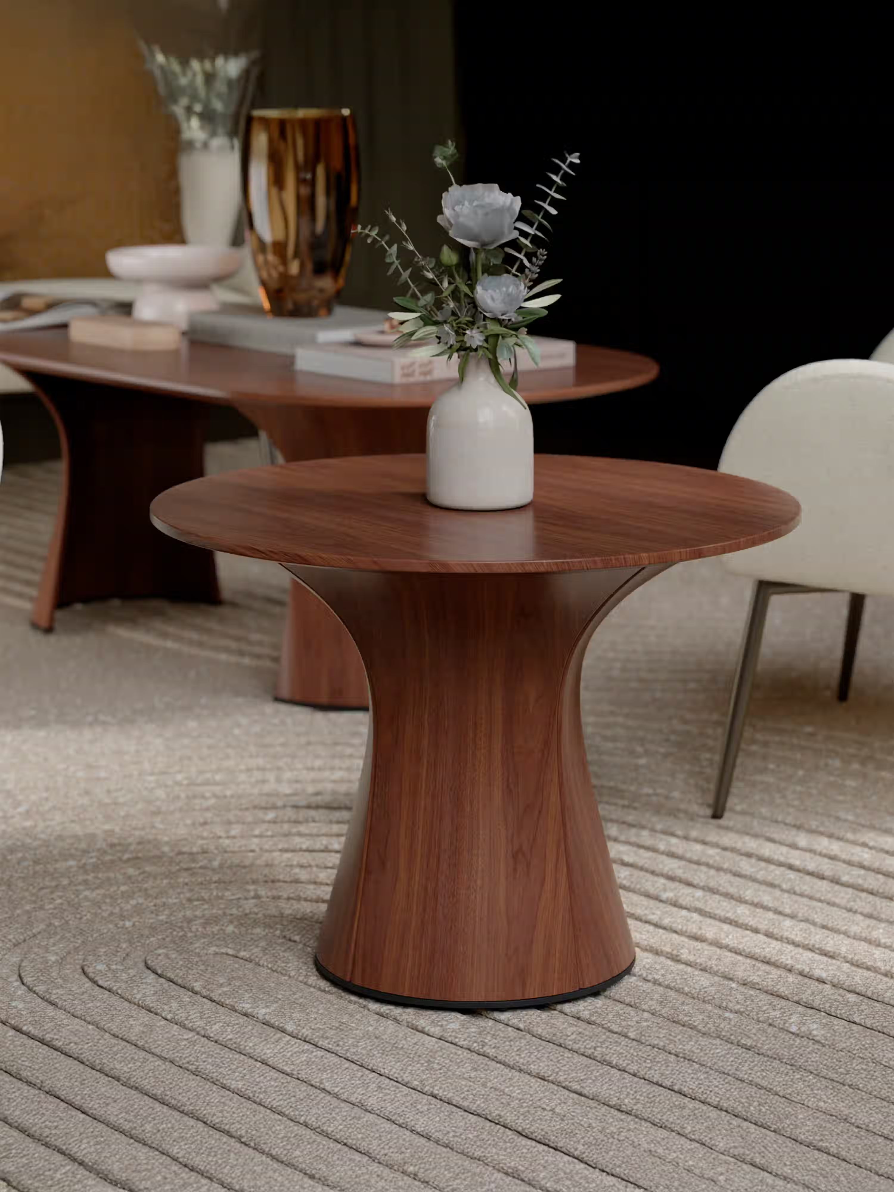 ROOT tavolino d'appoggio rotondo in legno - design scultoreo in noce o rovere chiaro Ø60 cm