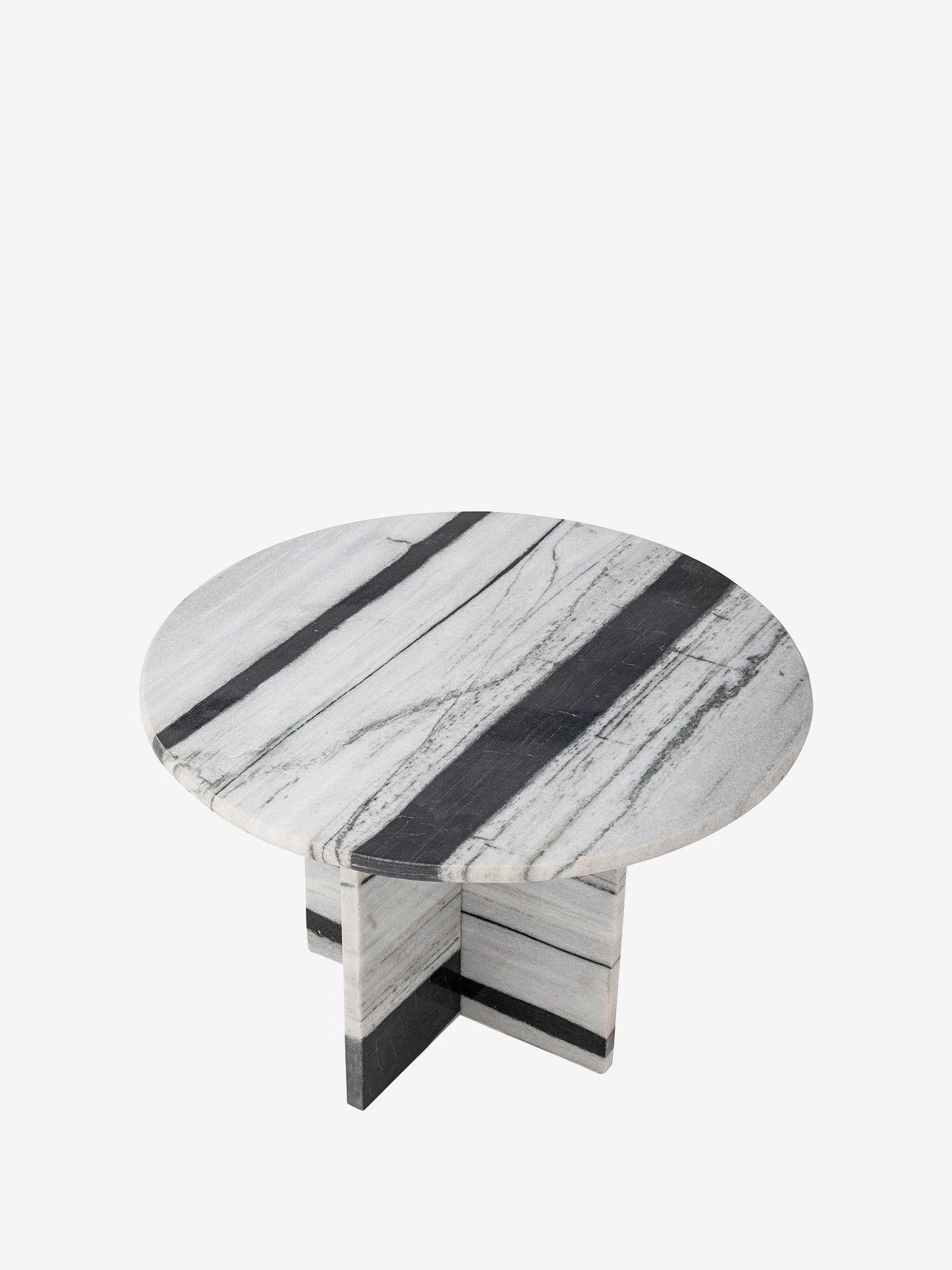 Rosito Low round coffee table in white marble with black veins and sculptural base
