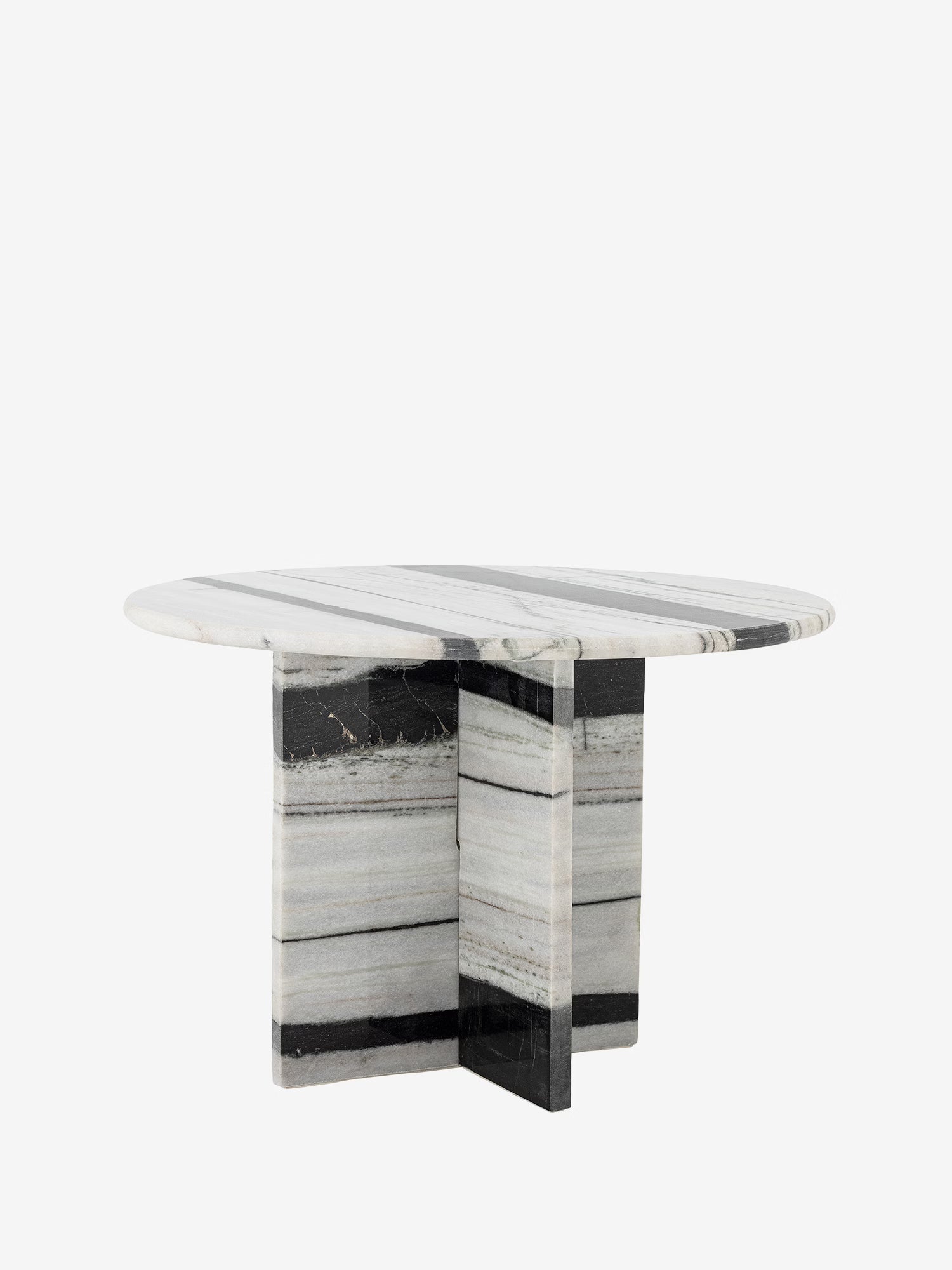 Rosito Low round coffee table in white marble with black veins and sculptural base