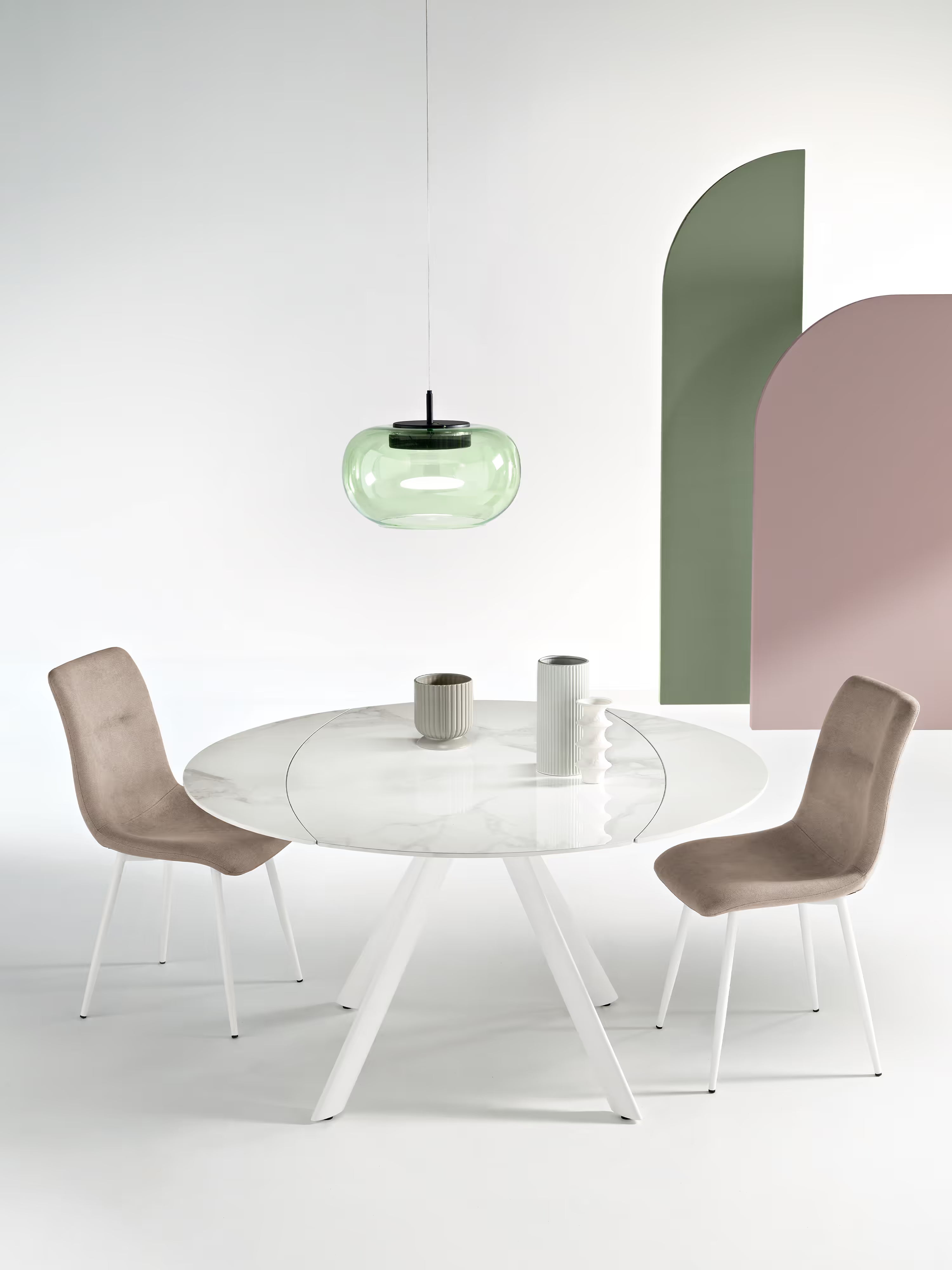 Round Mesa extensible efecto mármol blanco – base de metal blanco 135 (Ø 135) x 87 cm