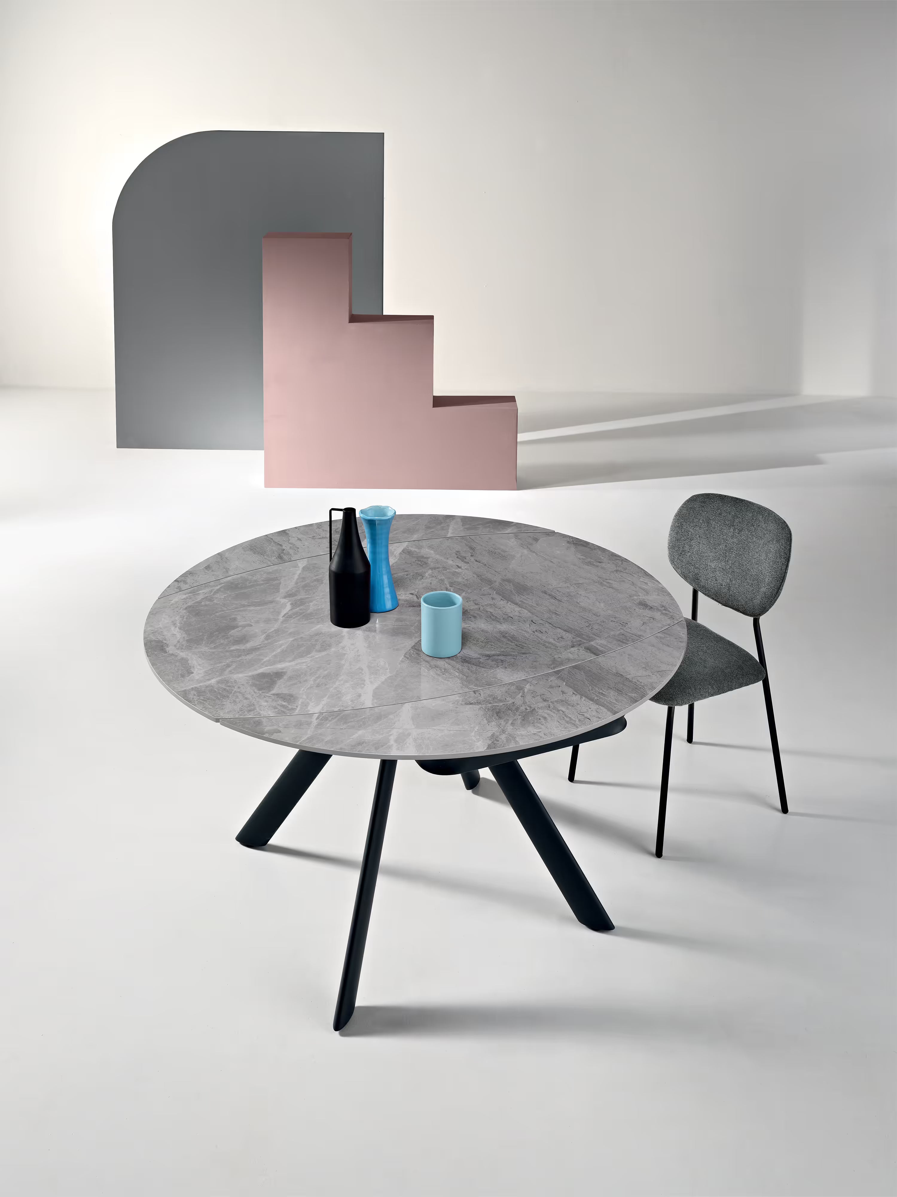 Round Mesa extensible efecto mármol gris – base de metal antracita 135 (Ø 135) x 87 cm