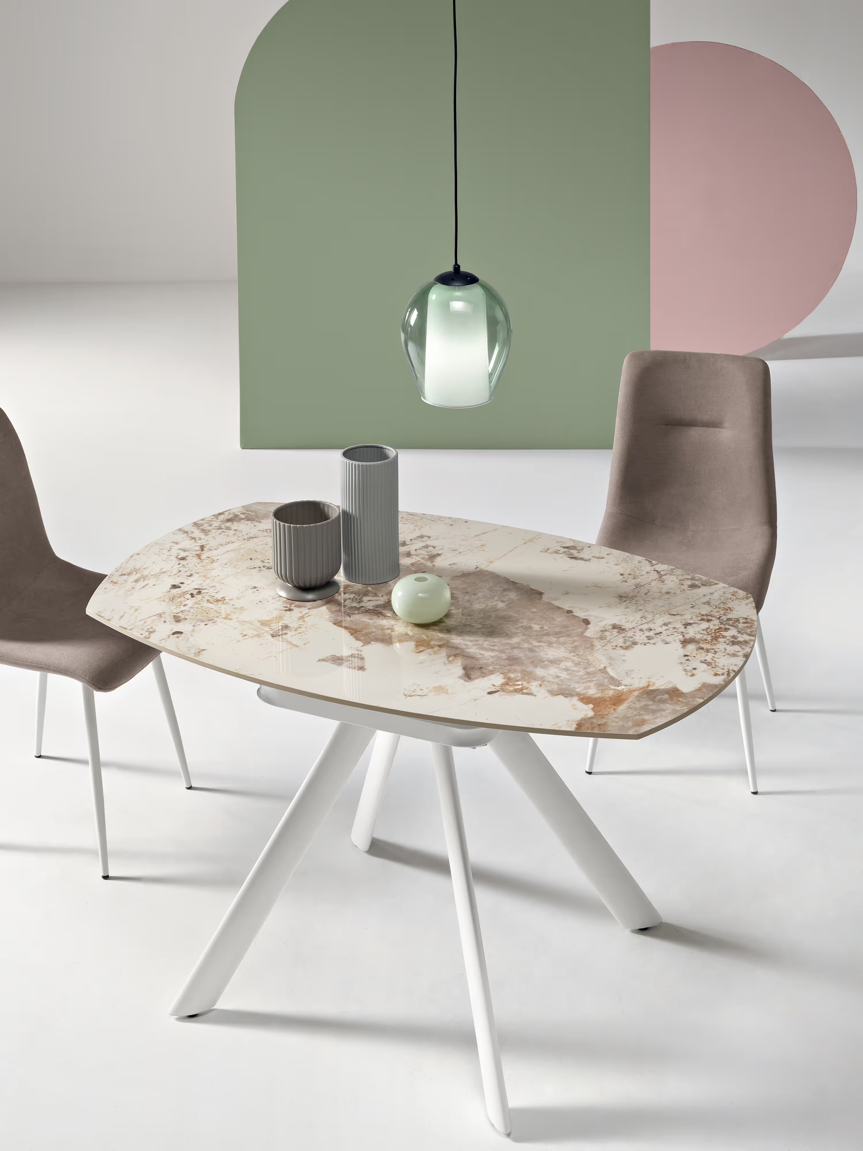 Round Mesa extensible efecto mármol Pandora – base de metal blanco 135 (Ø 135) x 87 cm
