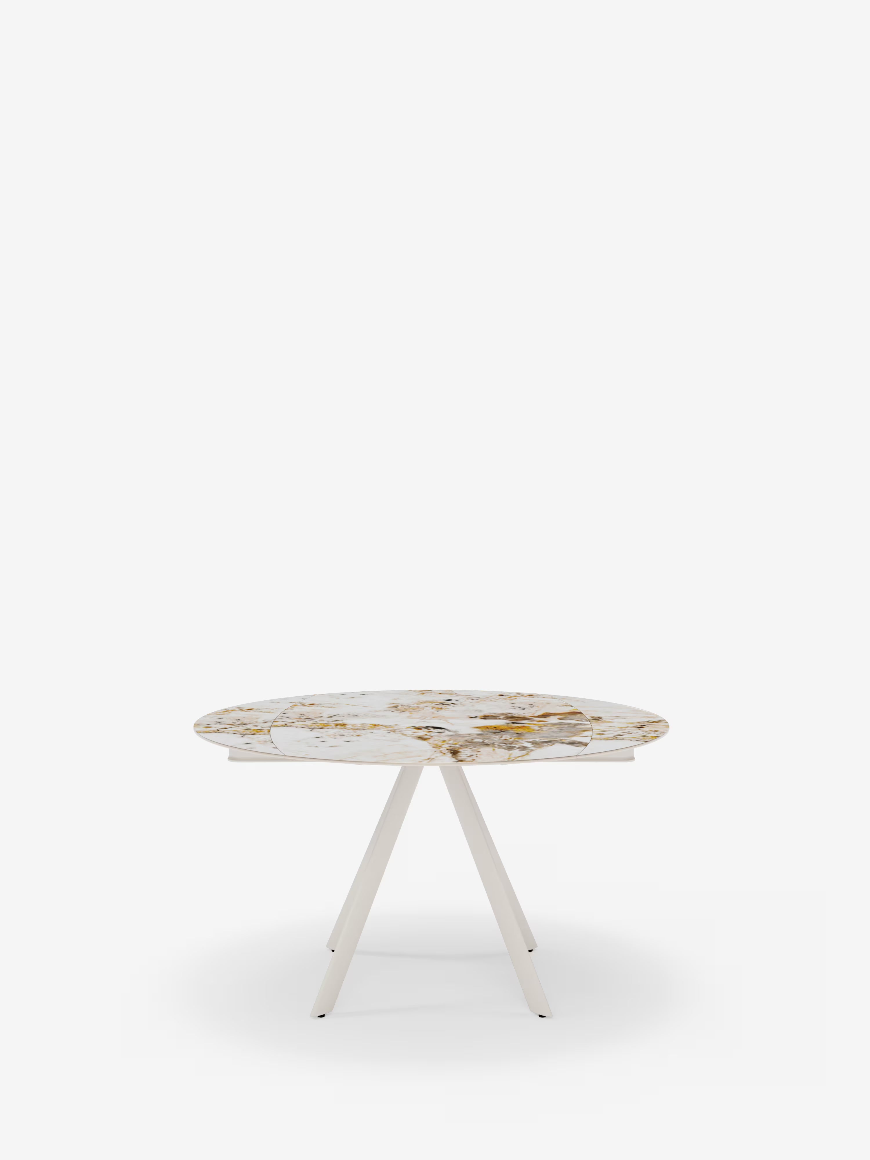 Round Mesa extensible efecto mármol Pandora – base de metal blanco 135 (Ø 135) x 87 cm