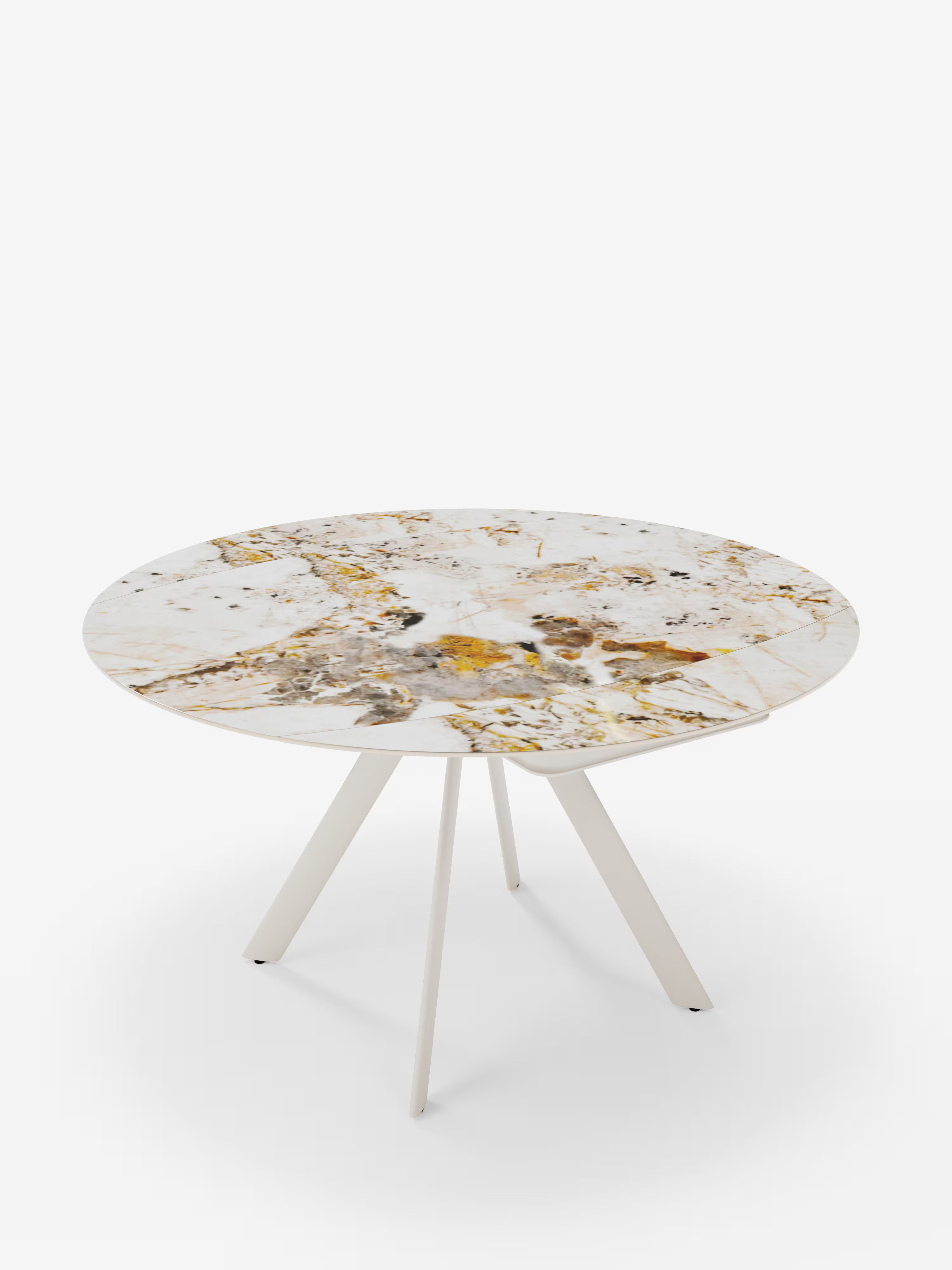 Round Mesa extensible efecto mármol Pandora – base de metal blanco 135 (Ø 135) x 87 cm