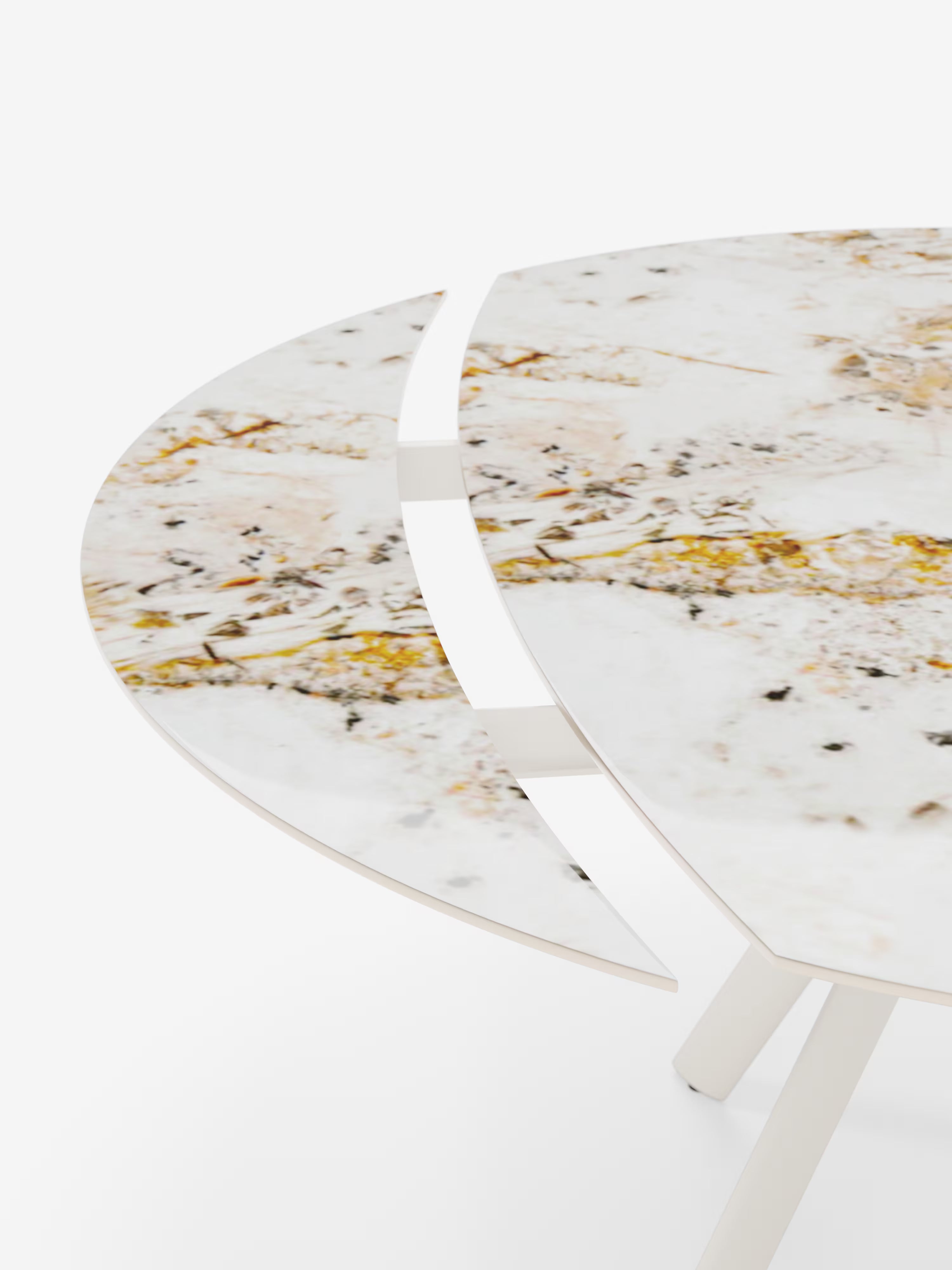 Round Mesa extensible efecto mármol Pandora – base de metal blanco 135 (Ø 135) x 87 cm