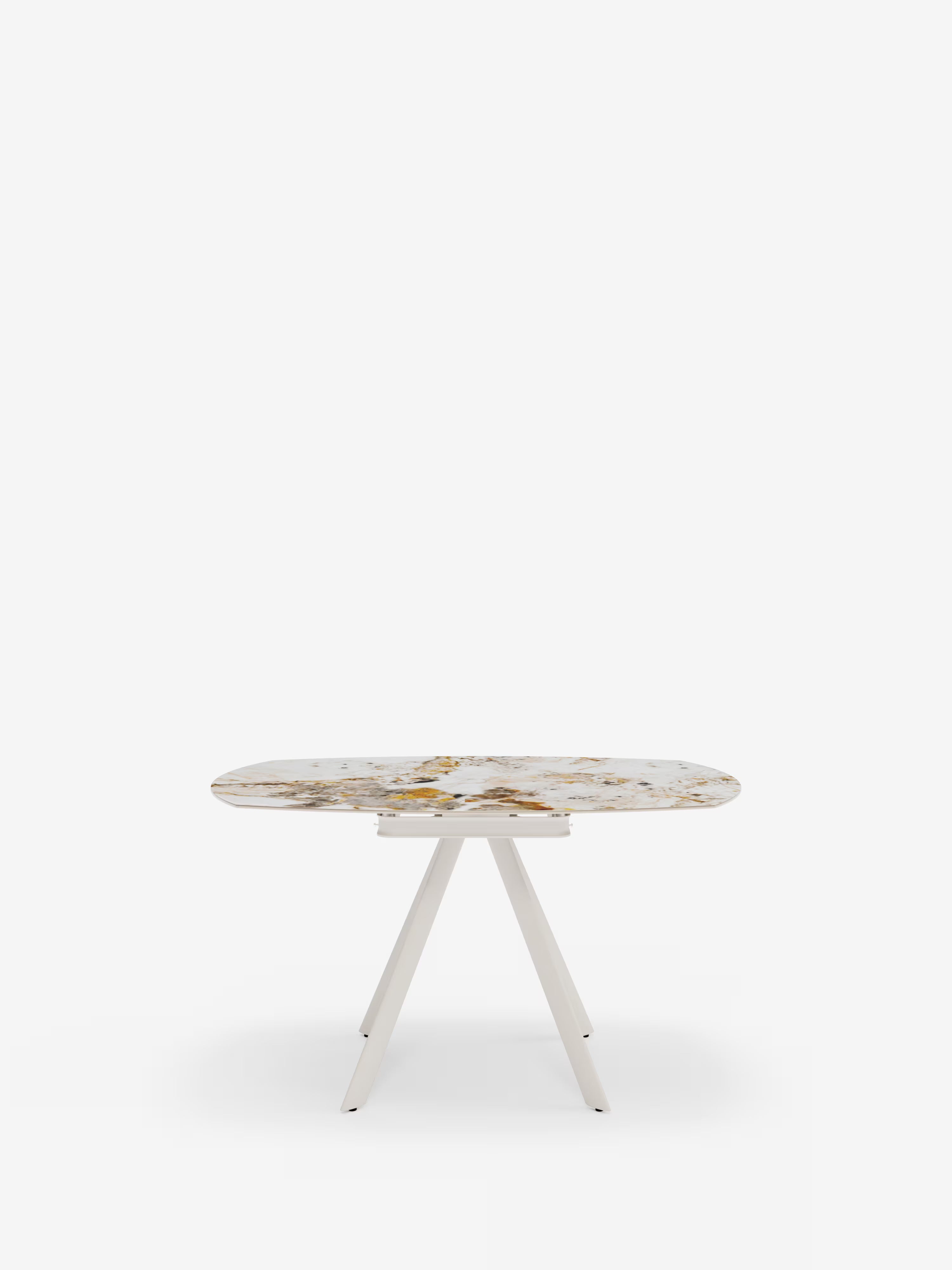 Round Mesa extensible efecto mármol Pandora – base de metal blanco 135 (Ø 135) x 87 cm