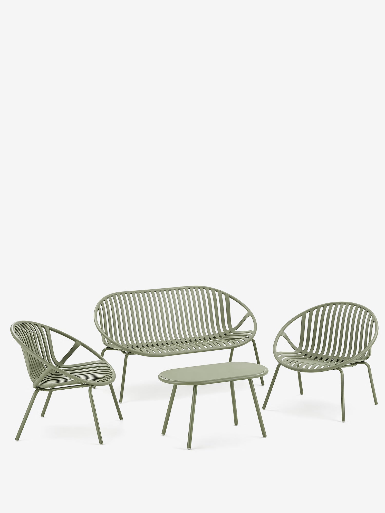 Saly conjunto de exterior verde de polipropileno con estructura de metal - 2 sillones, sofá y mesita