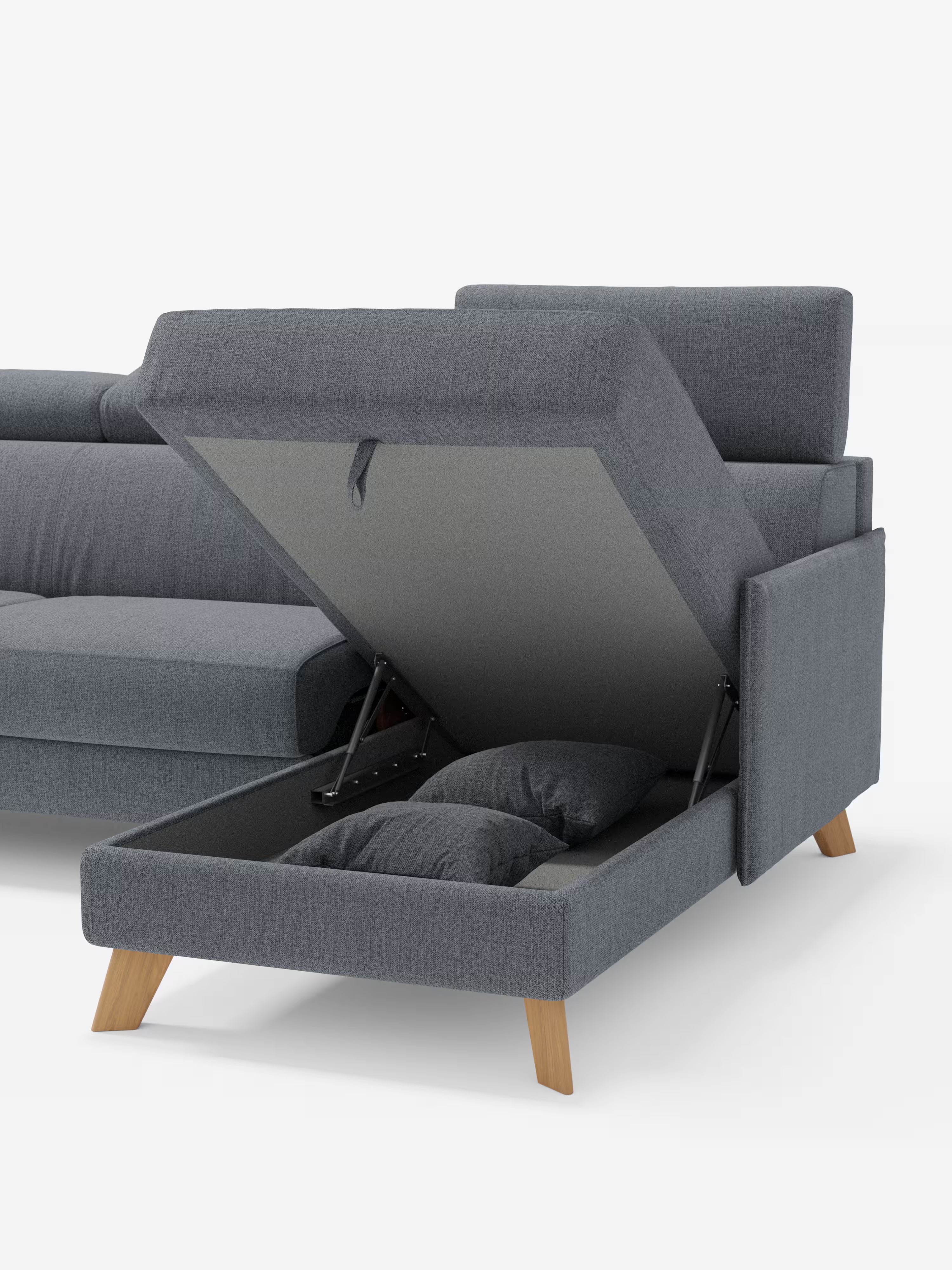 Sole Divano letto angolare con penisola contenitore – poggiatesta reclinabili e rivestimento smacchiabile