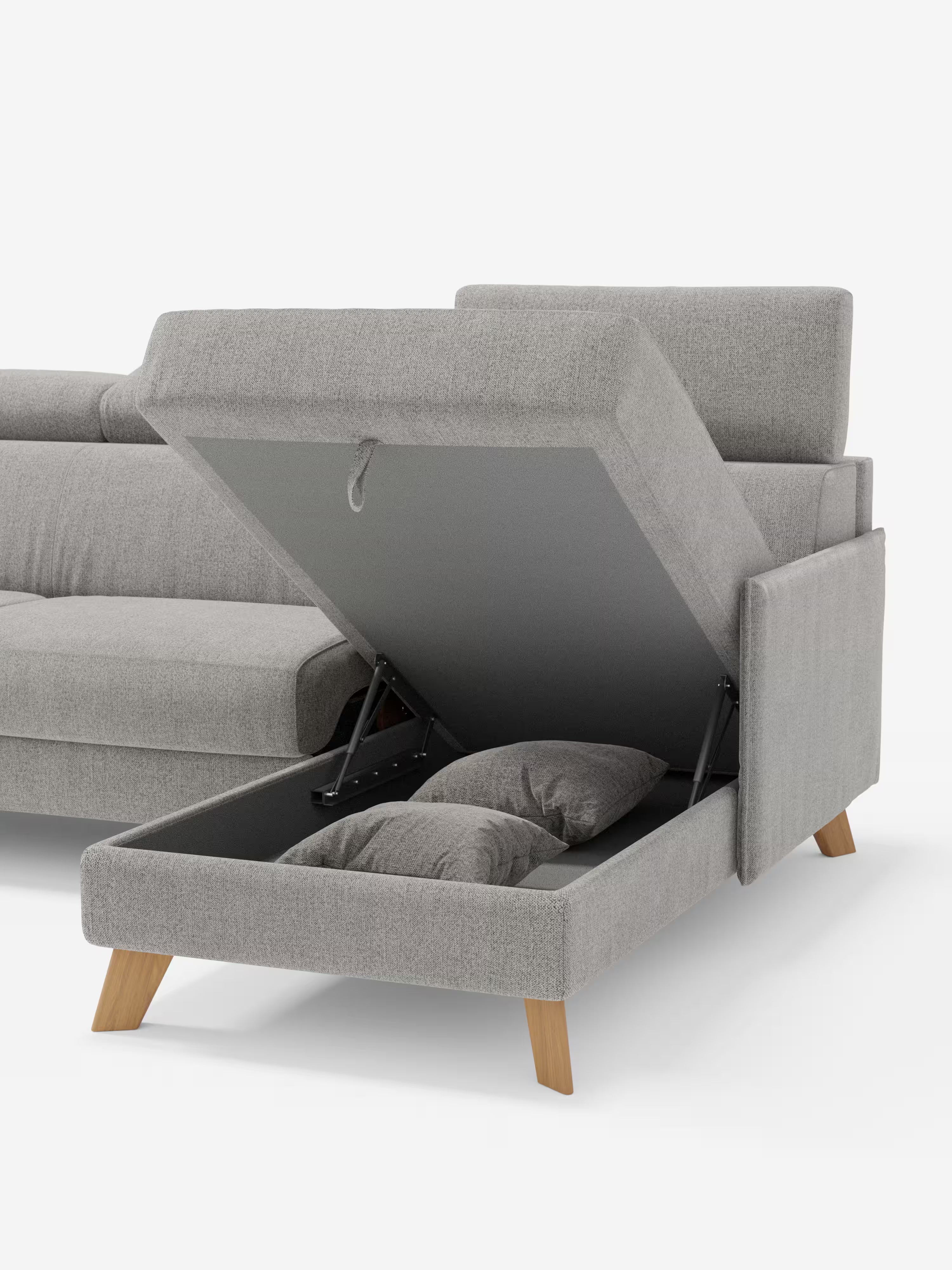 Sole Divano letto angolare con penisola contenitore – poggiatesta reclinabili e rivestimento smacchiabile