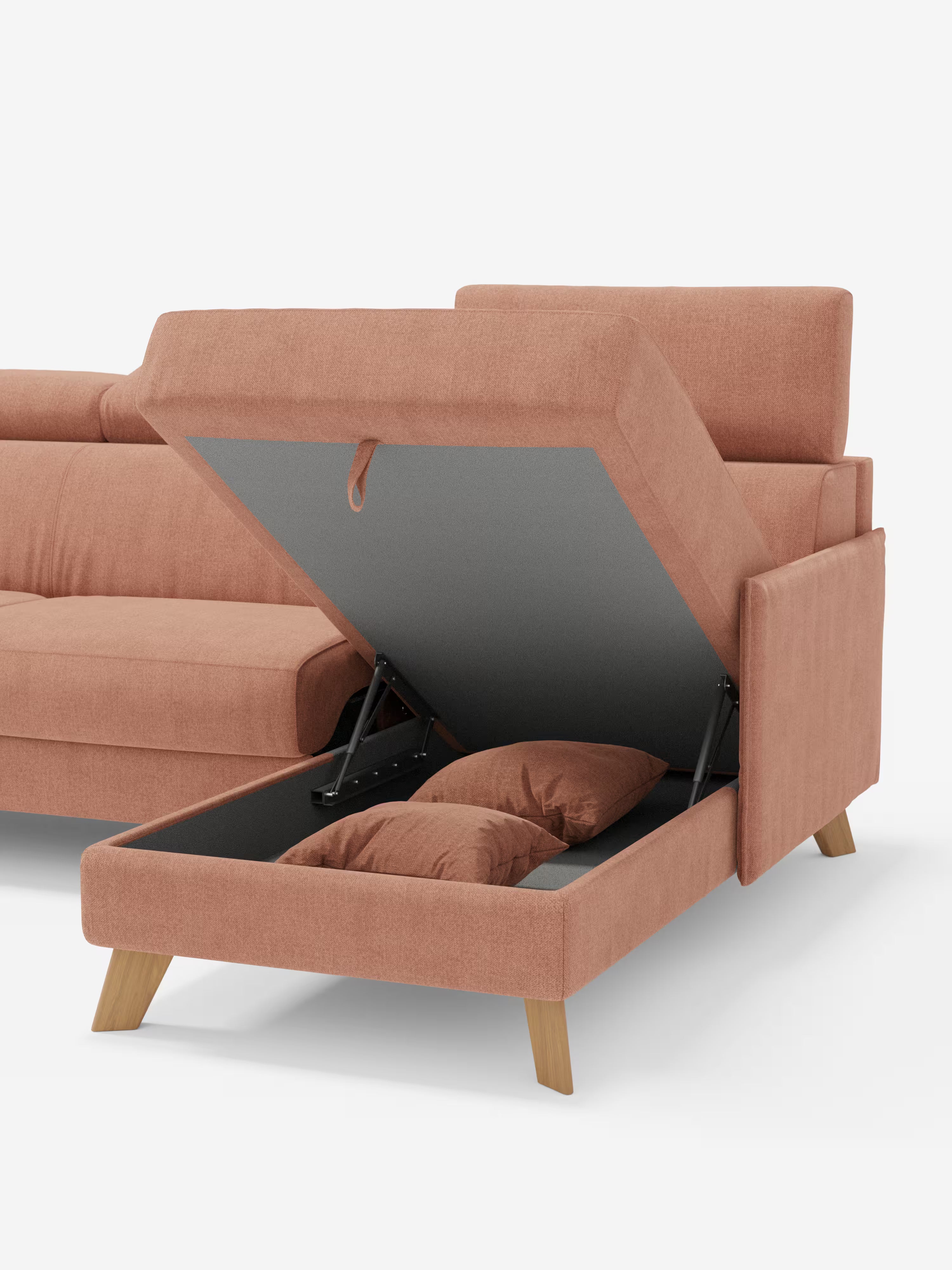 Sole Divano letto angolare con penisola contenitore – poggiatesta reclinabili e rivestimento smacchiabile