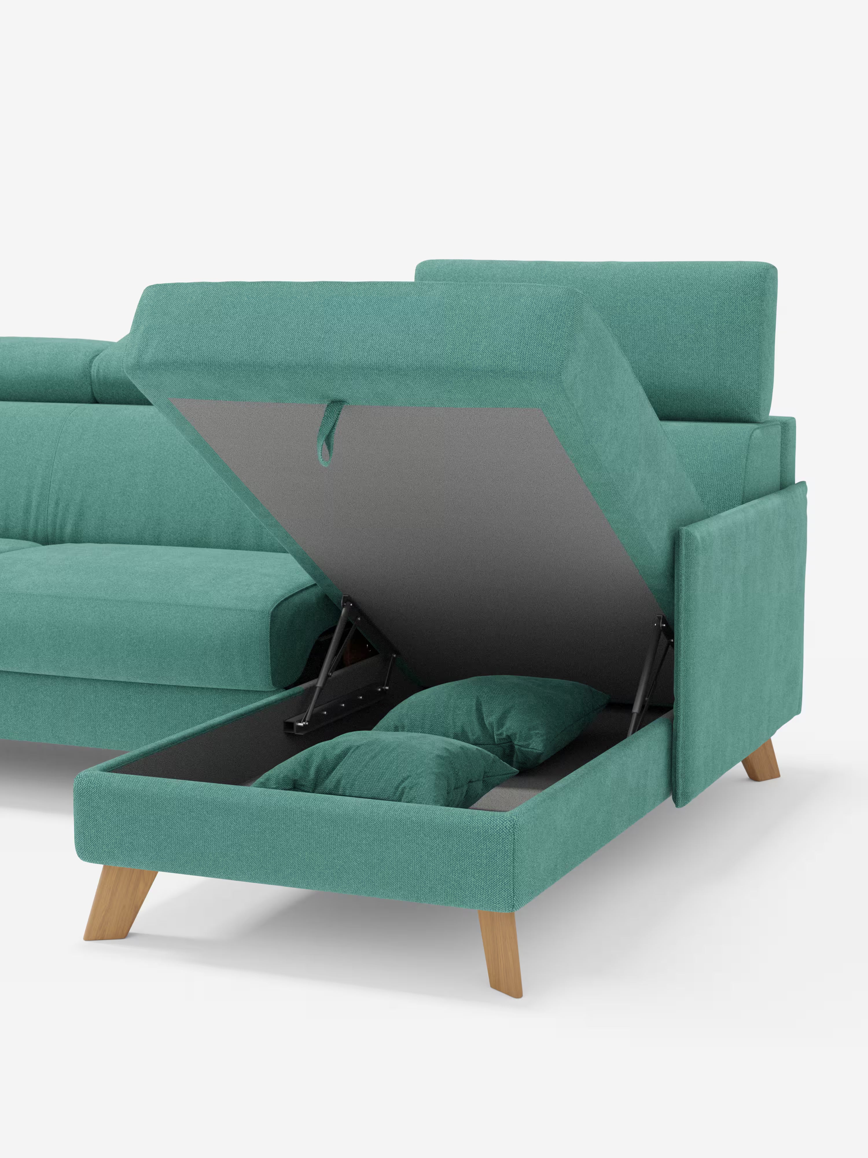 Sole Divano letto angolare con penisola contenitore – poggiatesta reclinabili e rivestimento smacchiabile