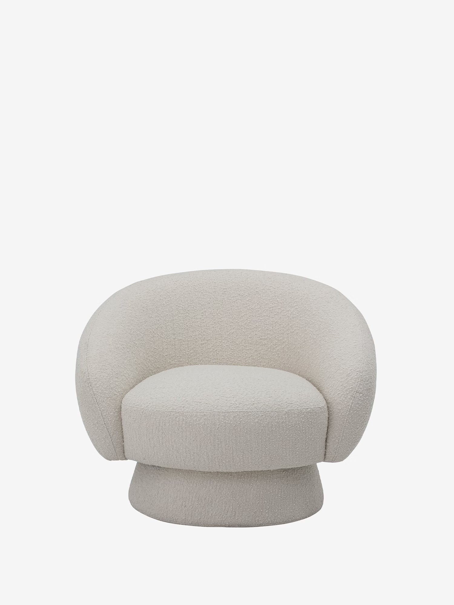 TED Poltroncina lounge di design in tessuto bouclé bianco con base centrale e schienale avvolgente