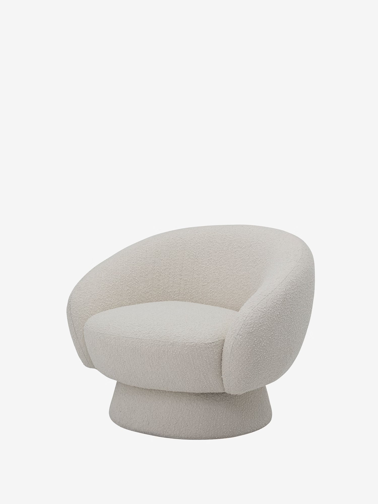 TED Poltroncina lounge di design in tessuto bouclé bianco con base centrale e schienale avvolgente