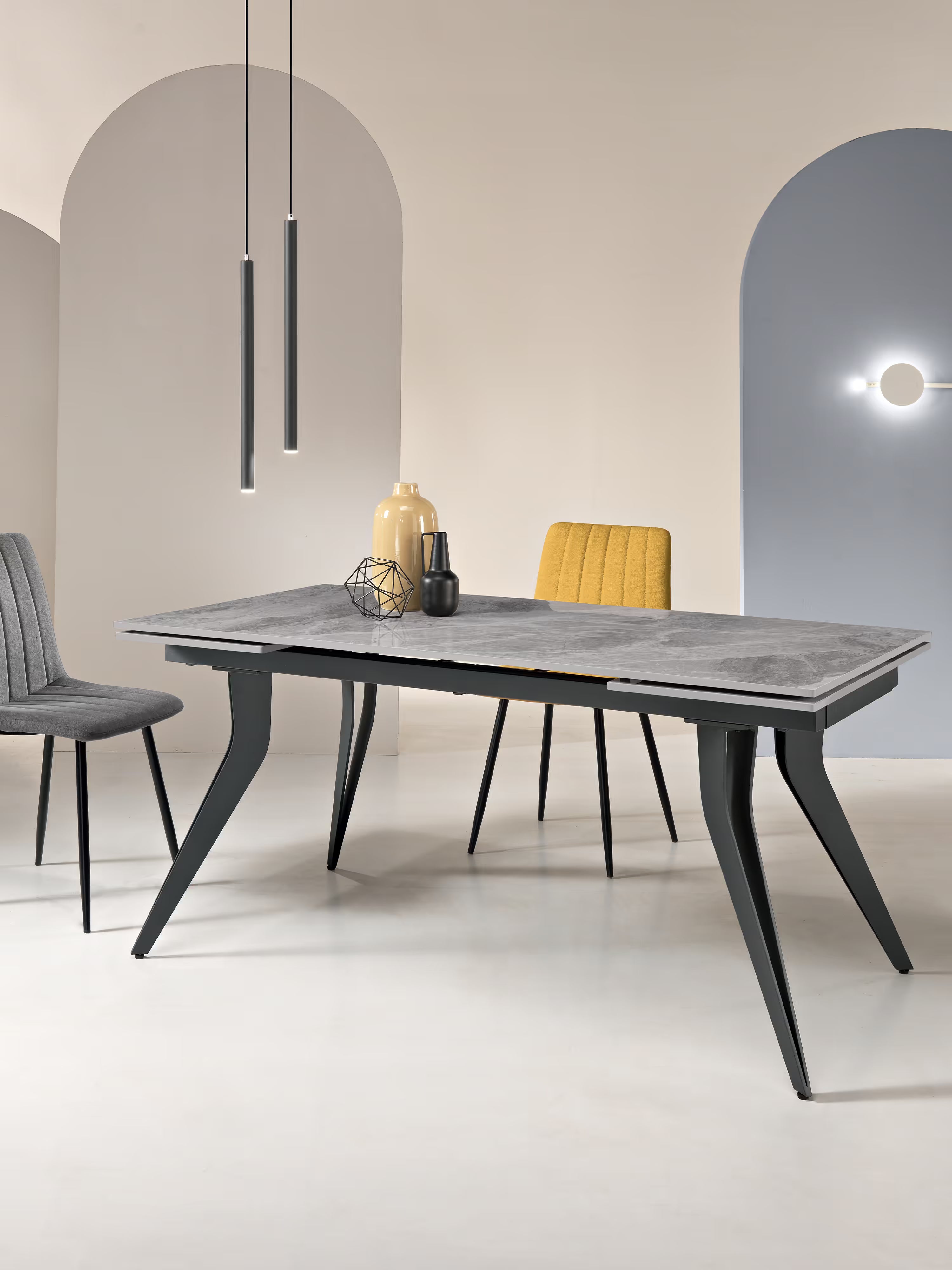 Thor Mesa extensible efecto mármol gris – base de metal negro 160 (240) x 90 cm