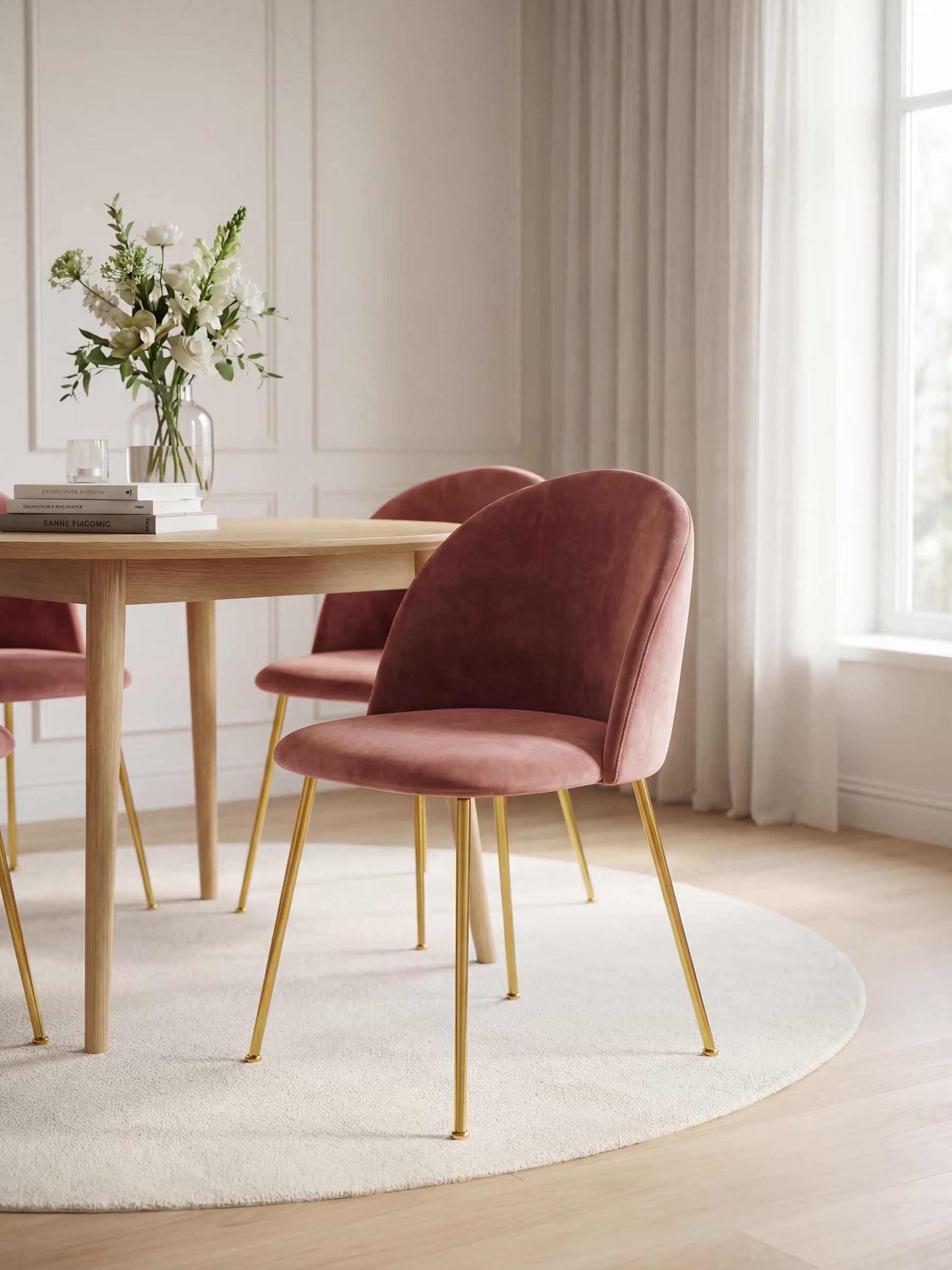 Venezia silla de terciopelo rosa empolvado con patas de metal dorado