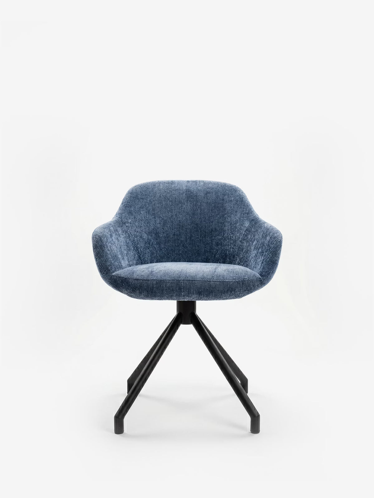 Vico upholstered chair in soft-touch blue chenille fabric with black metal legs