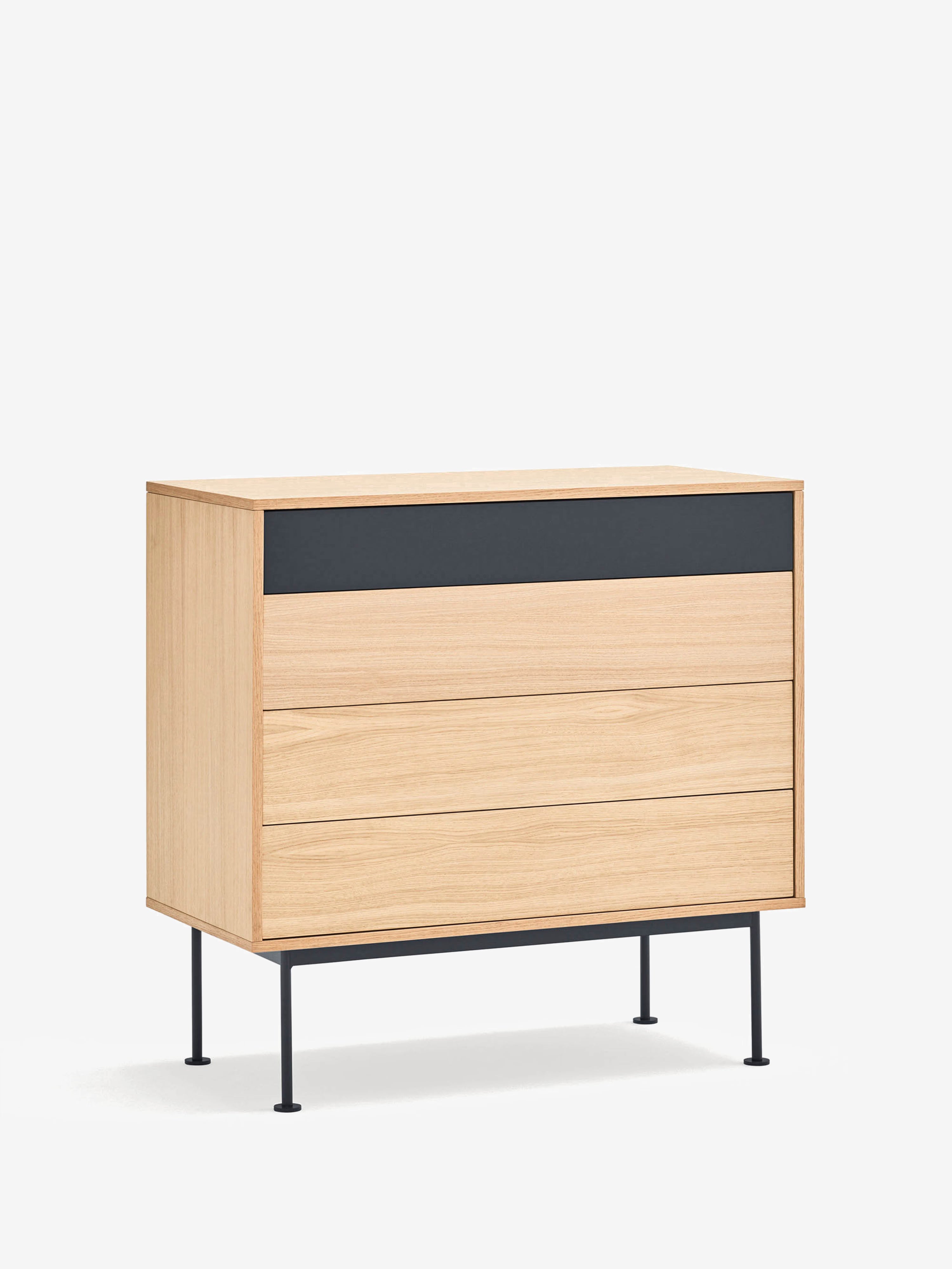 Yoko Cassettiera in rovere con cassetto superiore laccato - comò con base in metallo 90 x 91 cm