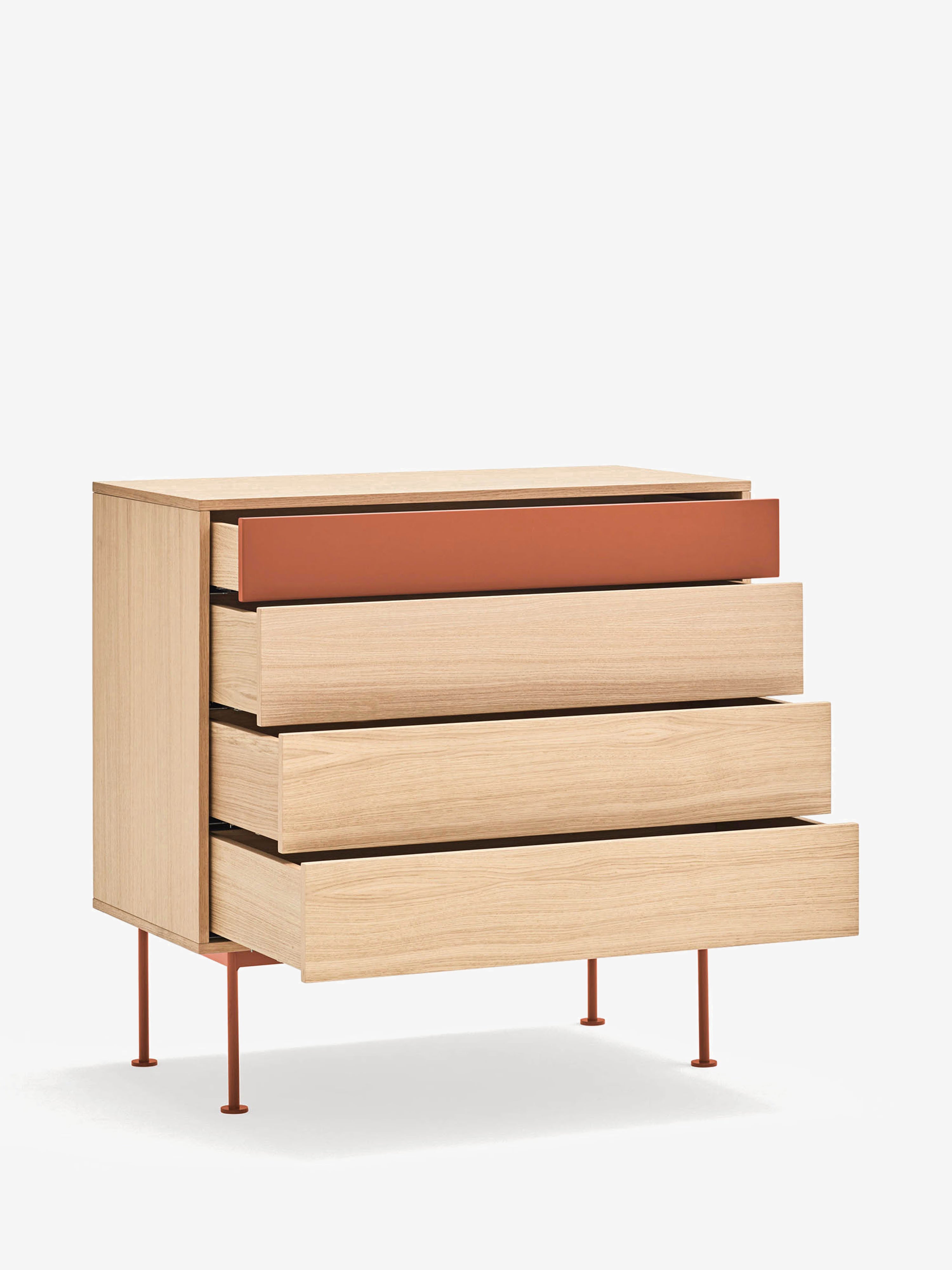 Yoko Cassettiera in rovere con cassetto superiore laccato - comò con base in metallo 90 x 91 cm