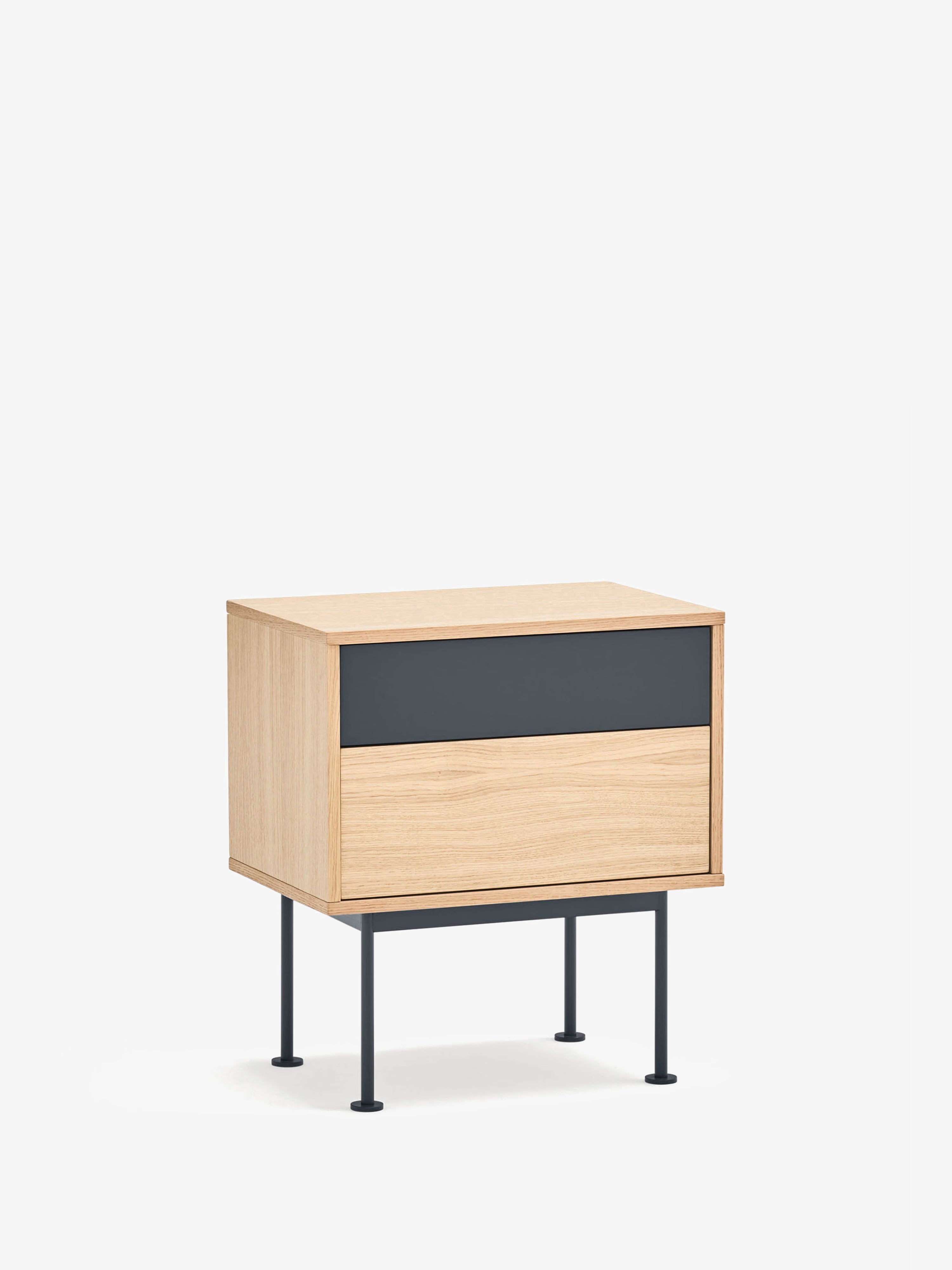 Yoko Comodino in rovere e MDF laccato - 2 cassetti e base in metallo