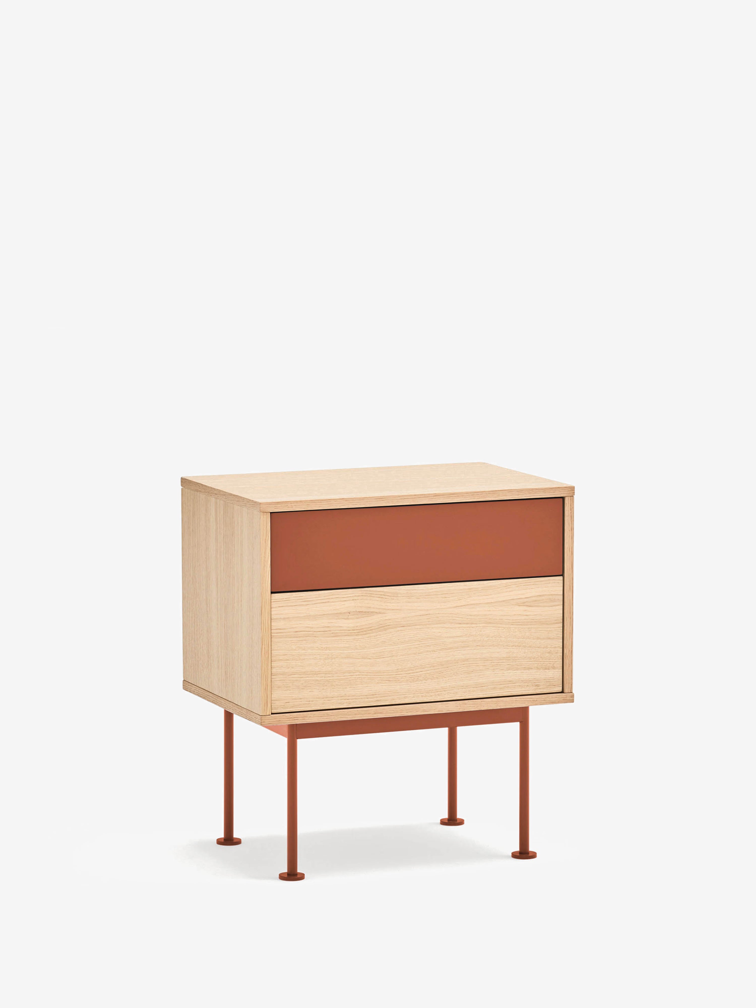 Yoko Comodino in rovere e MDF laccato - 2 cassetti e base in metallo