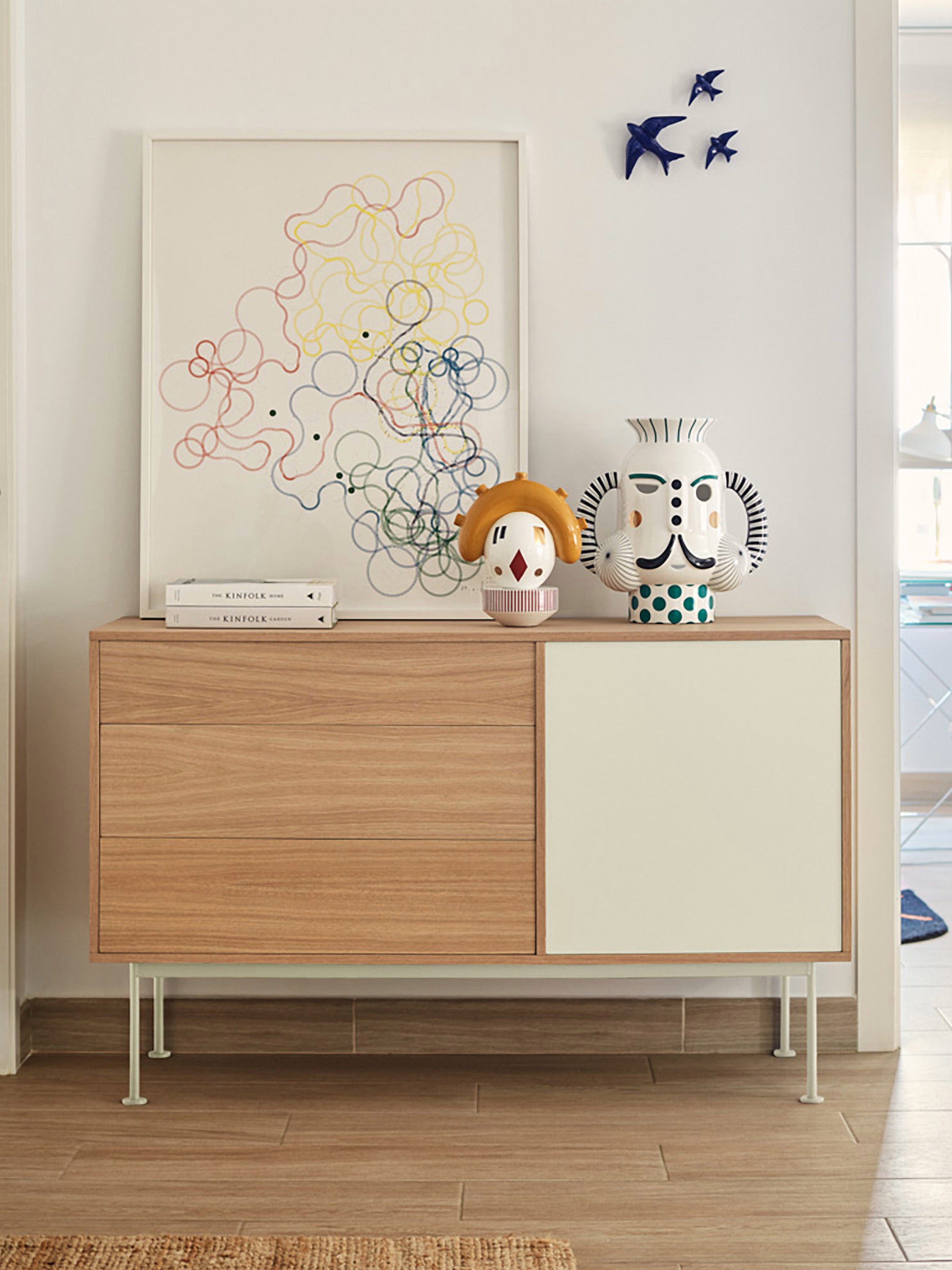 Yoko Low sideboard in oak with lacquered door and 3 drawers - metal base 128 x 81 cm