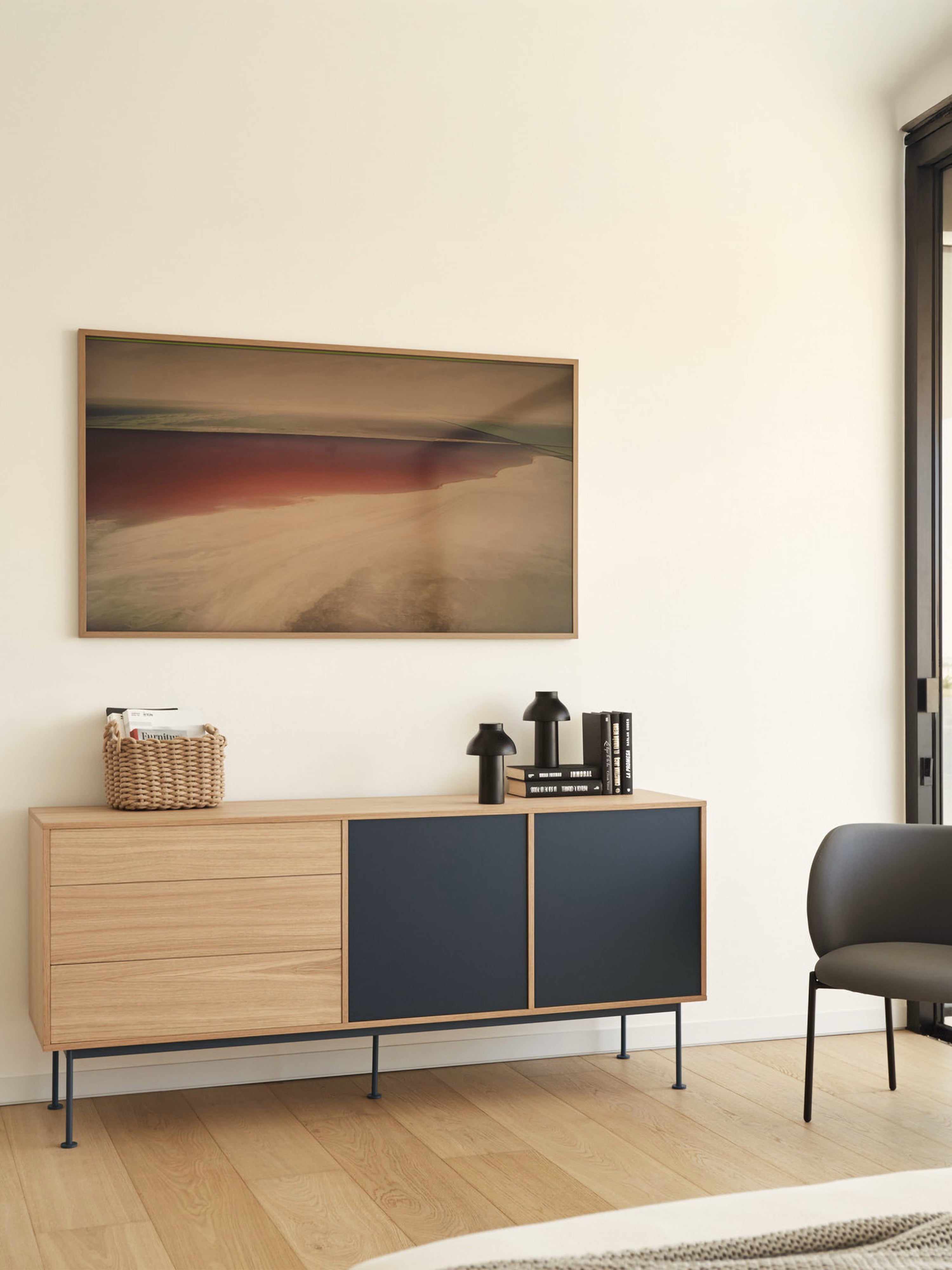 Yoko Sideboard in oak with 2 lacquered doors and 3 drawers - Sideboard 180 x 81 cm