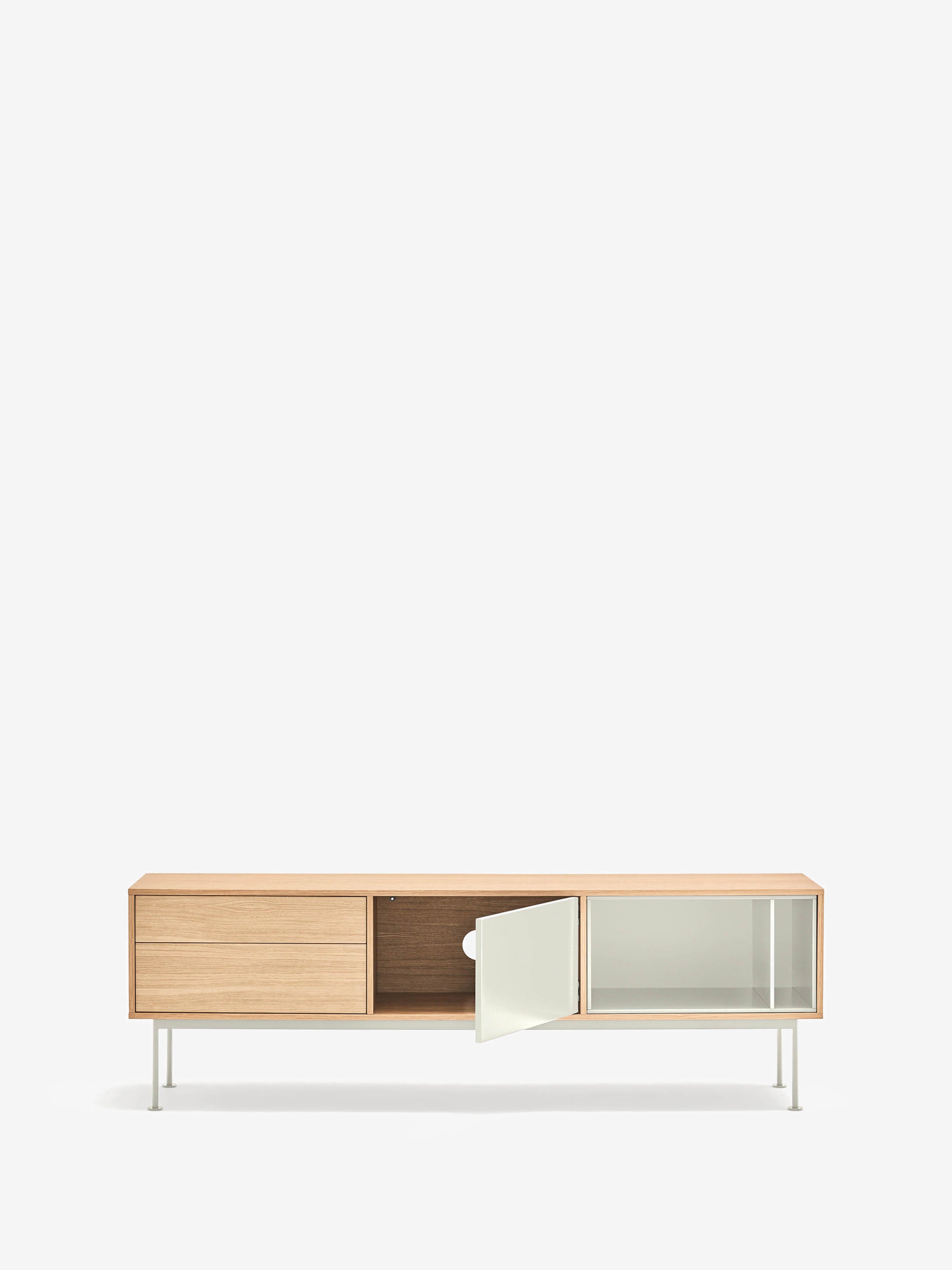 Yoko mueble TV en roble con puertas lacadas y base de metal 180 x 59 cm