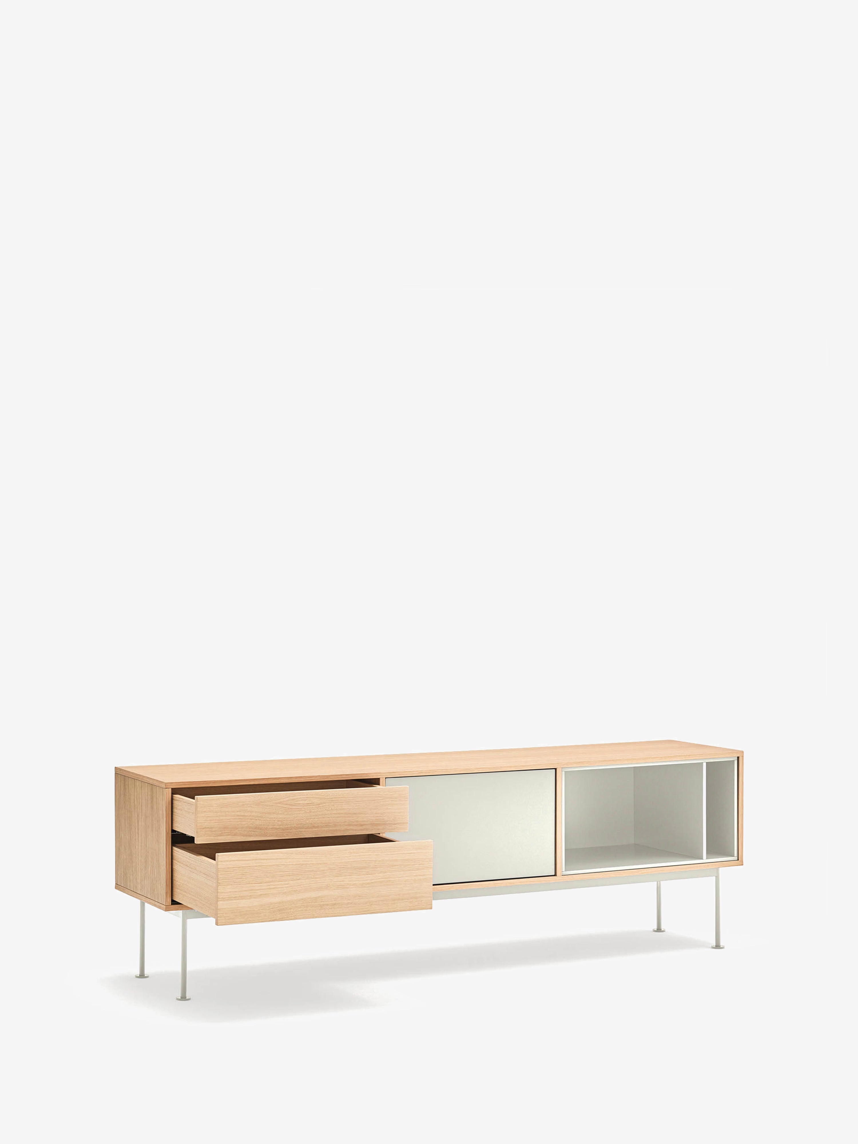 Yoko mueble TV en roble con puertas lacadas y base de metal 180 x 59 cm