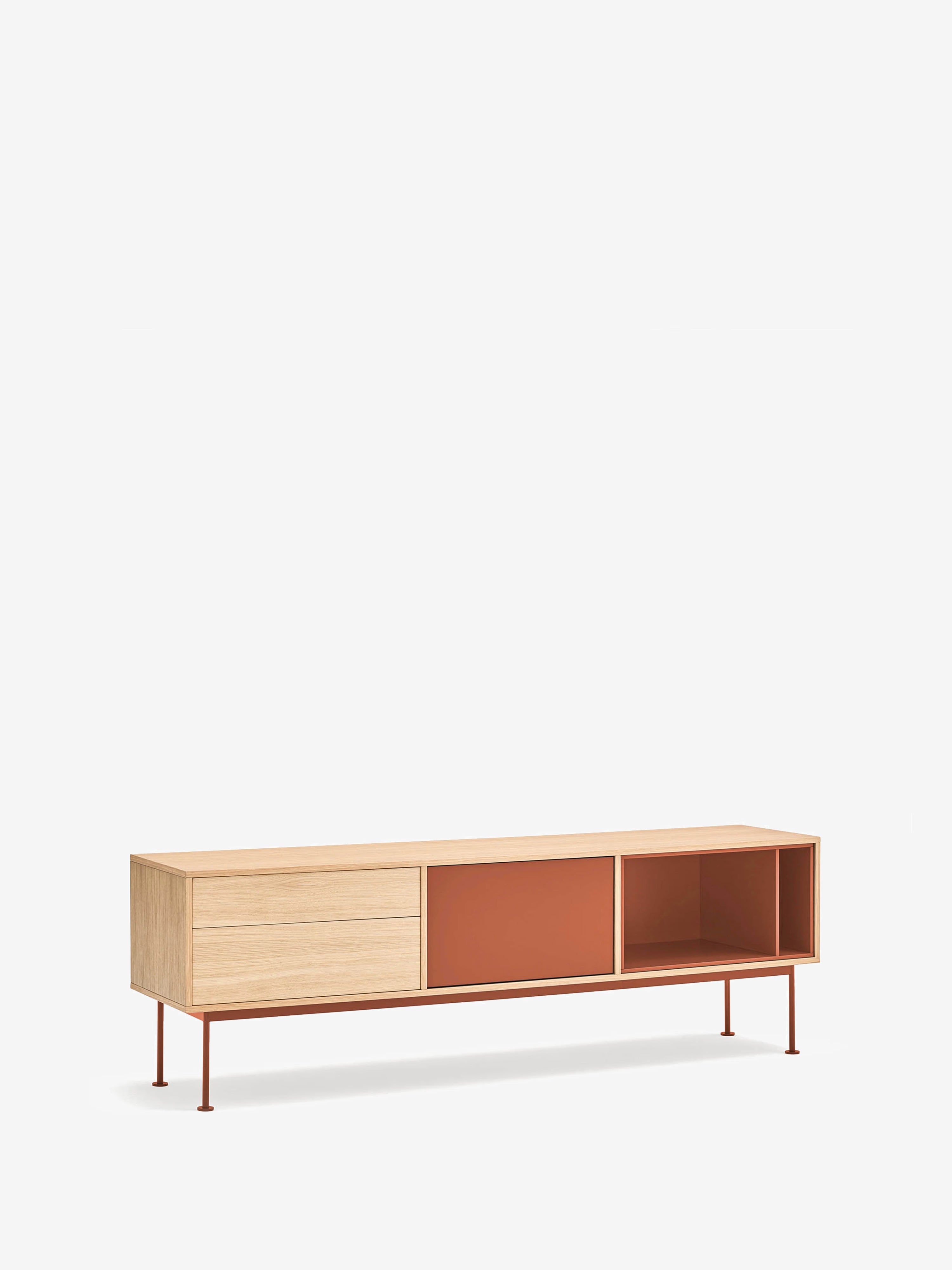 Yoko mueble TV en roble con puertas lacadas y base de metal 180 x 59 cm