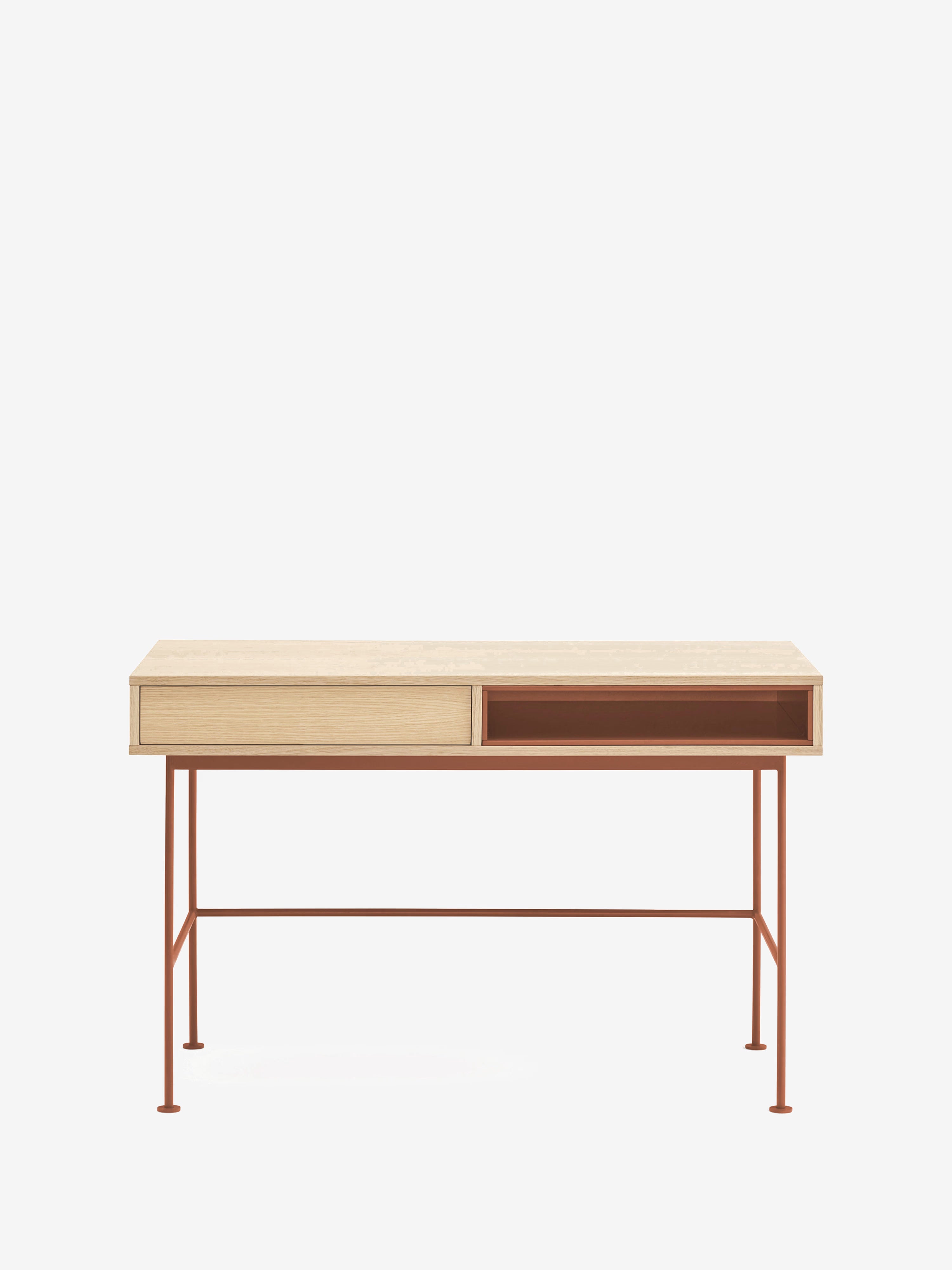 Yoko Desk 120 cm in oak with drawer and lacquered open compartment and metal base
