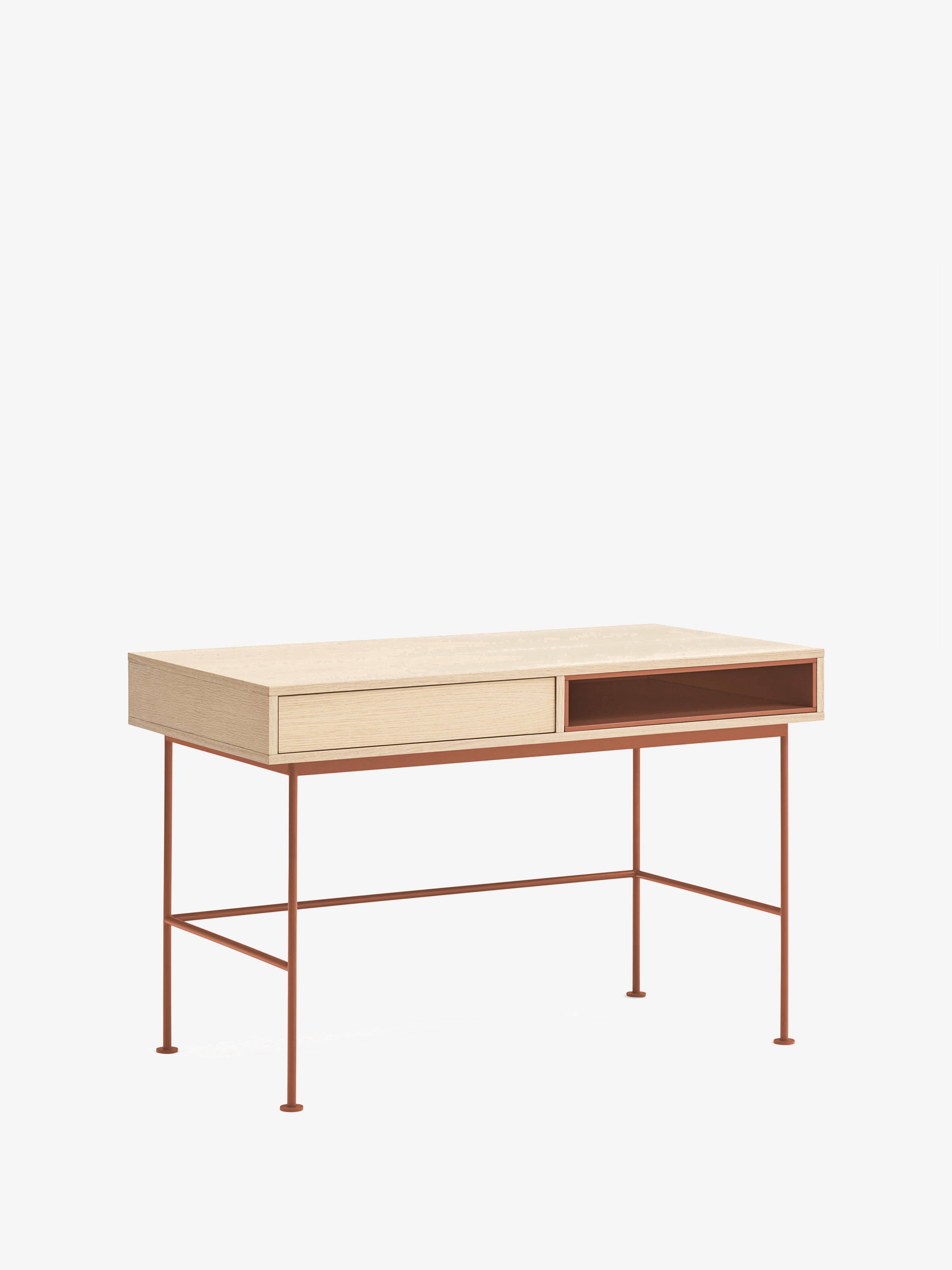 Yoko Scrivania 120 cm in rovere con cassetto e vano a giorno laccato e base in metallo