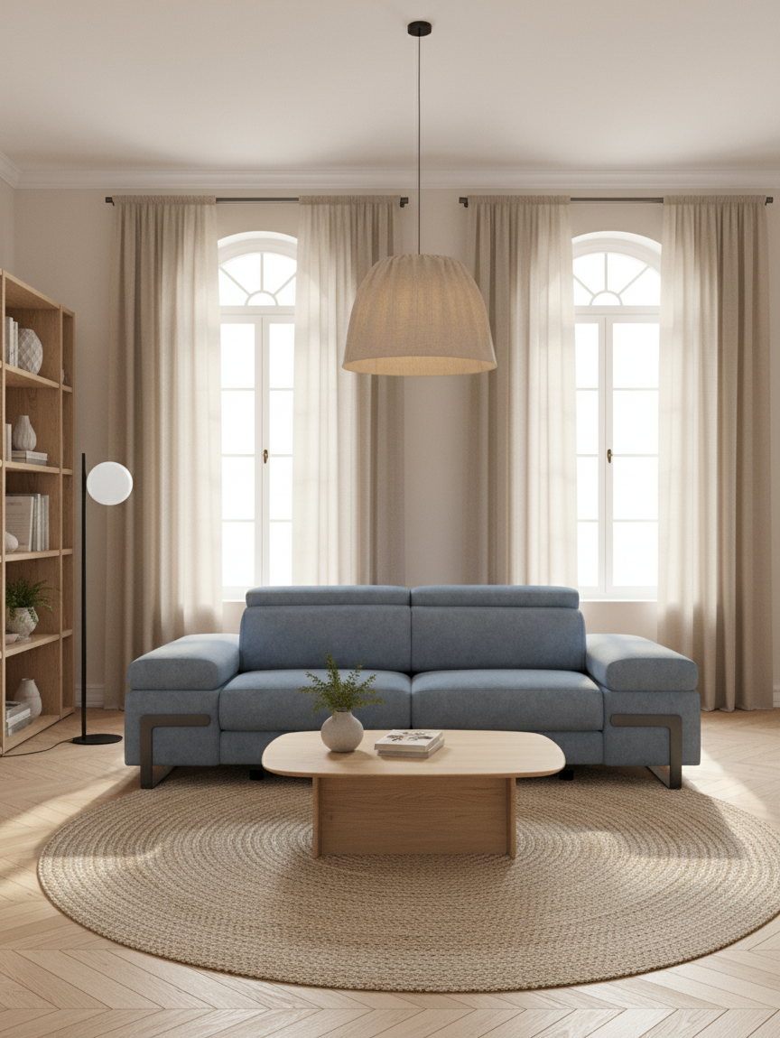 Zayana sofa with pull-out element 2 and 3 seats, reclining armrests and headrests in waterproof fabric